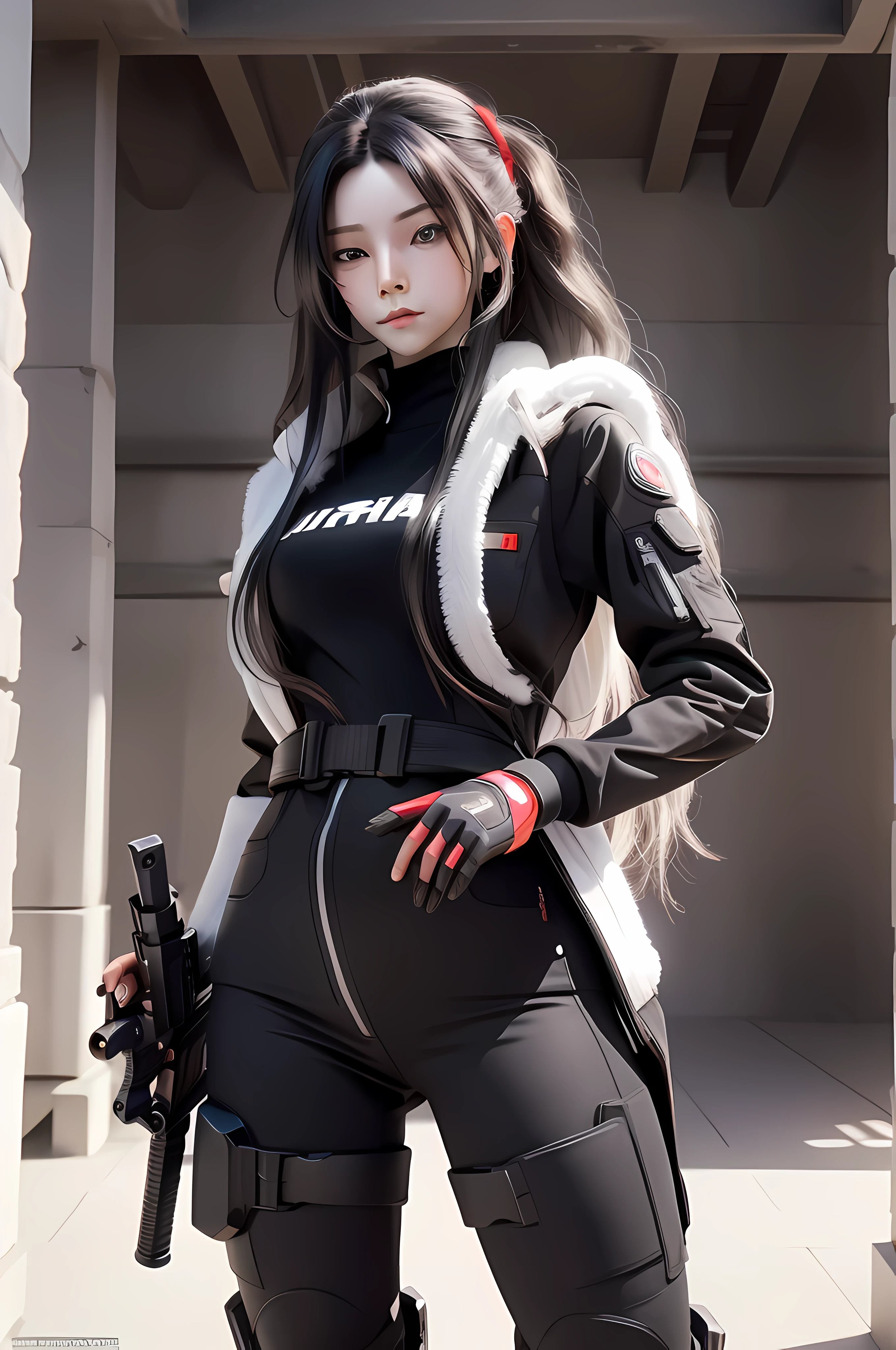This is a CG Unity 8k wallpaper with ultra-detailed, high-resolution and top quality in cyberpunk style, dominated by black and red. In the picture, a beautiful girl with long hair with white messy hair, a delicate face, wearing a steam mecha mask, standing on the ruins, (battle damage: 2.5), and the action of a woman holding a heavy sniper rifle in her hand,