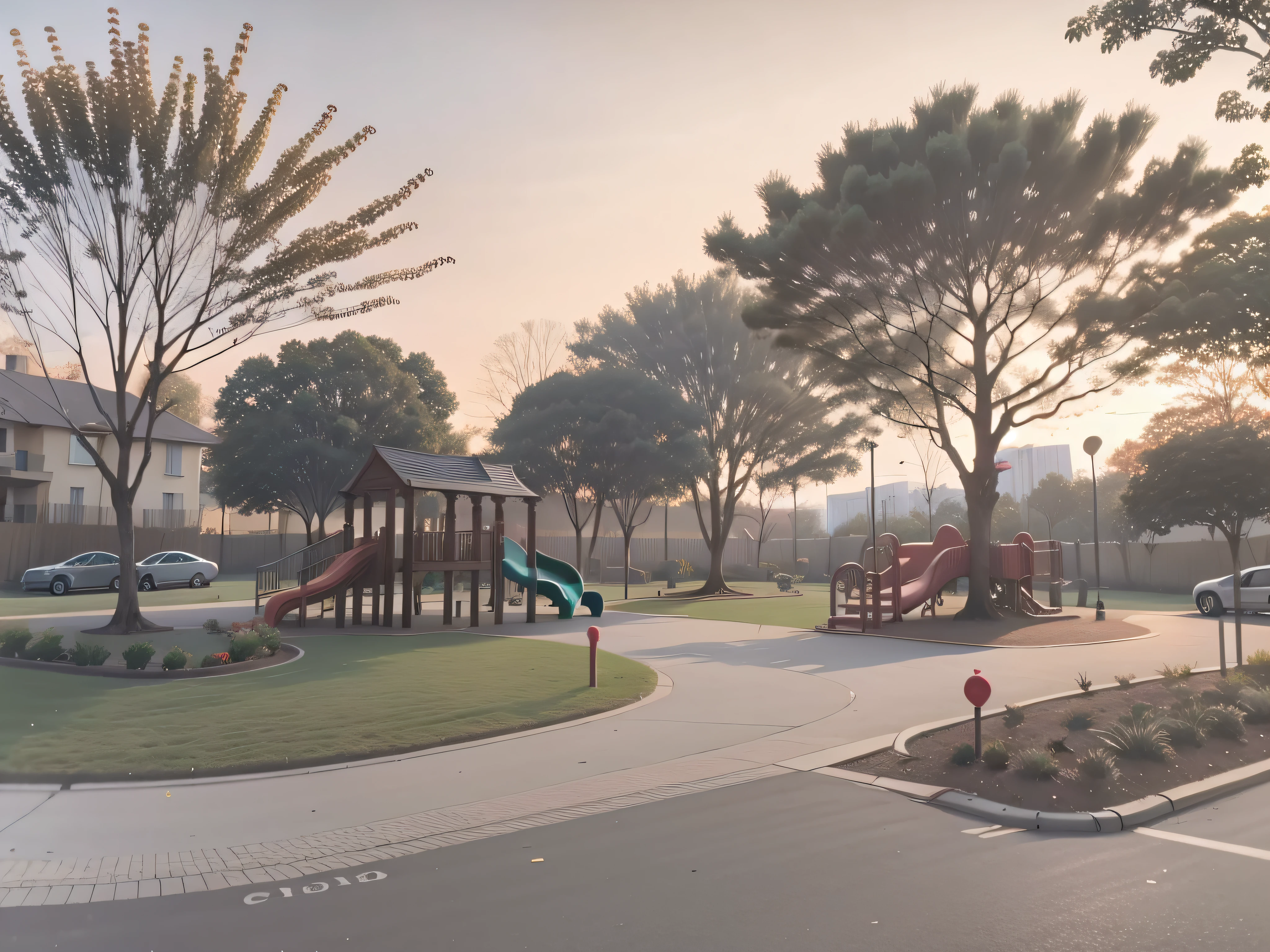 There is a playground in the middle of the residential area, with a park in the back ground, park in background, children playground, with a park in the background, residential area, Beautiful image