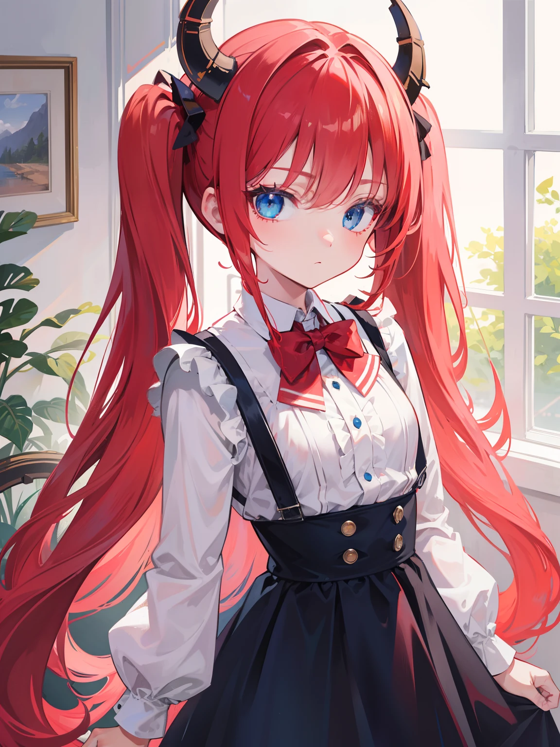{{best quality}}, {{masterpiece}}, {{ultra-detailed}}, {illustration}, {detailed light}, red hair,blue eyes,twintails,lolita,Suspenders skirt,Fantastic,loli,solo,Dragon horns,little girl,long hair
