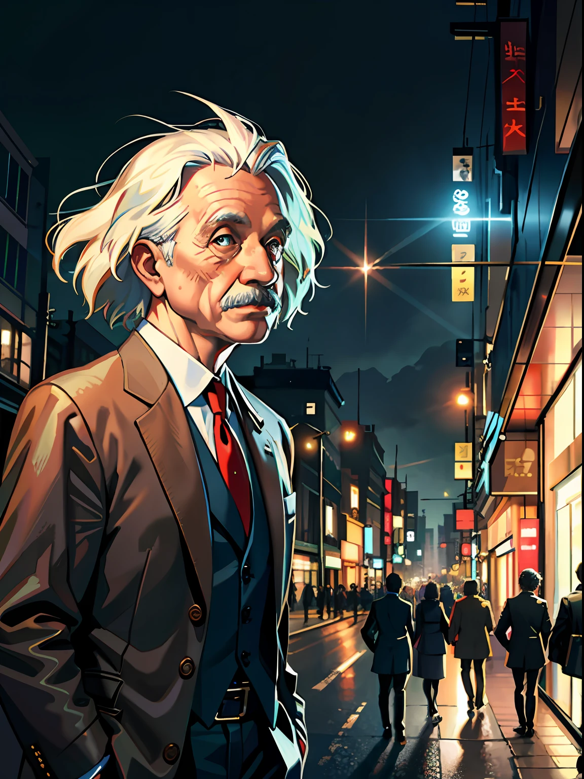 Best quality, masterpiece, ultra high res, (photorealistic:1.4), raw photo, photorealistic,(Masterpiece), (Best Quality), fantasy, extremely detailed, intricate, hyper detailed, illustration, highres, cinematic lighting, dramatic angle, Facing the camera, (Einstein) confidently emerges from the time wormhole onto the busy streets of Tokyo. On the other side of the wormhole, the nostalgic sights of 1960s London come into view. Einstein's presence captures the essence of bridging two eras, as he stands poised and ready to embrace the present.