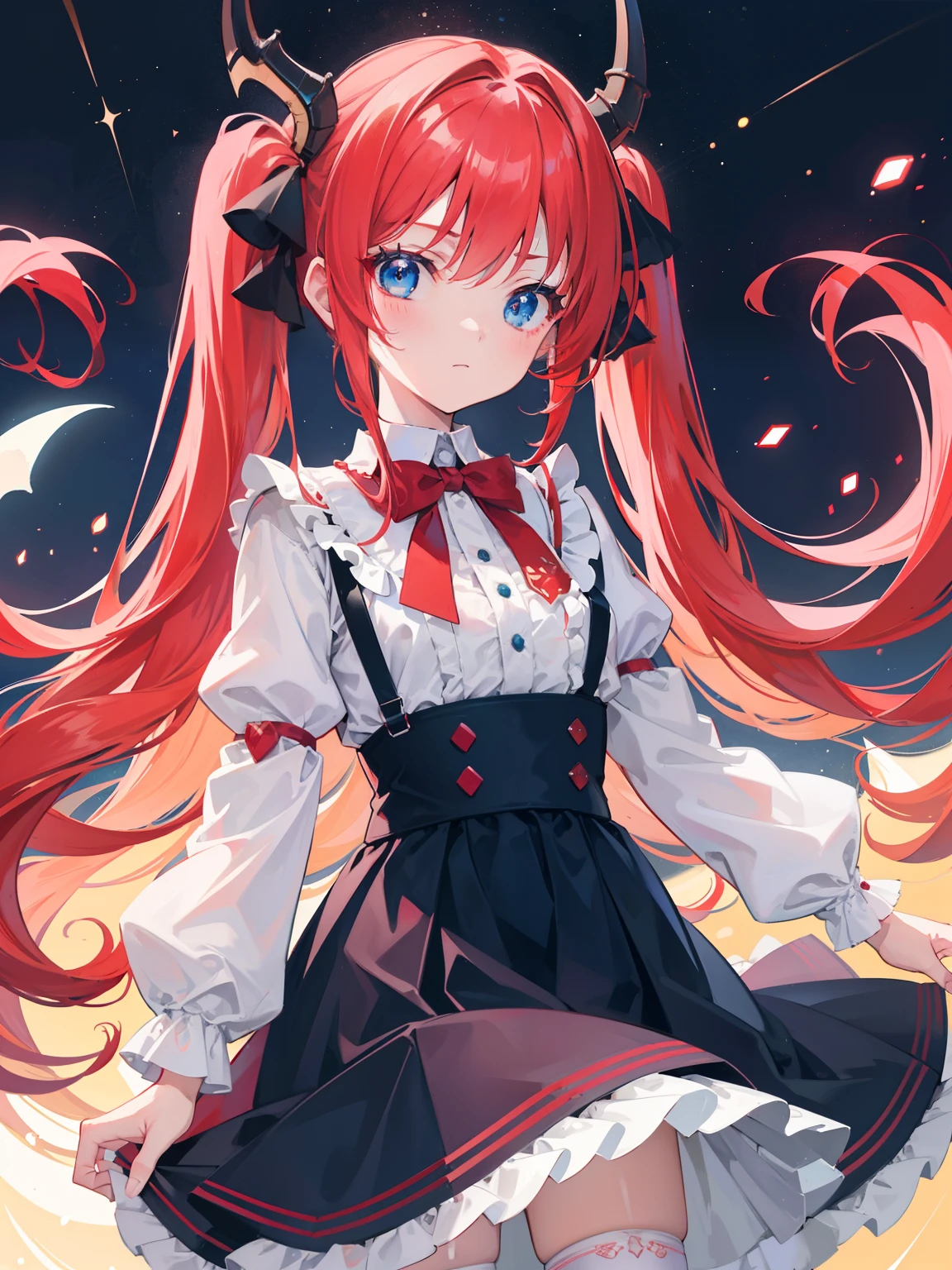 {{best quality}}, {{masterpiece}}, {{ultra-detailed}}, {illustration}, {detailed light}, red hair,blue eyes,twintails,lolita,Suspenders skirt,Fantastic,loli,solo,Dragon horns,little girl,long hair