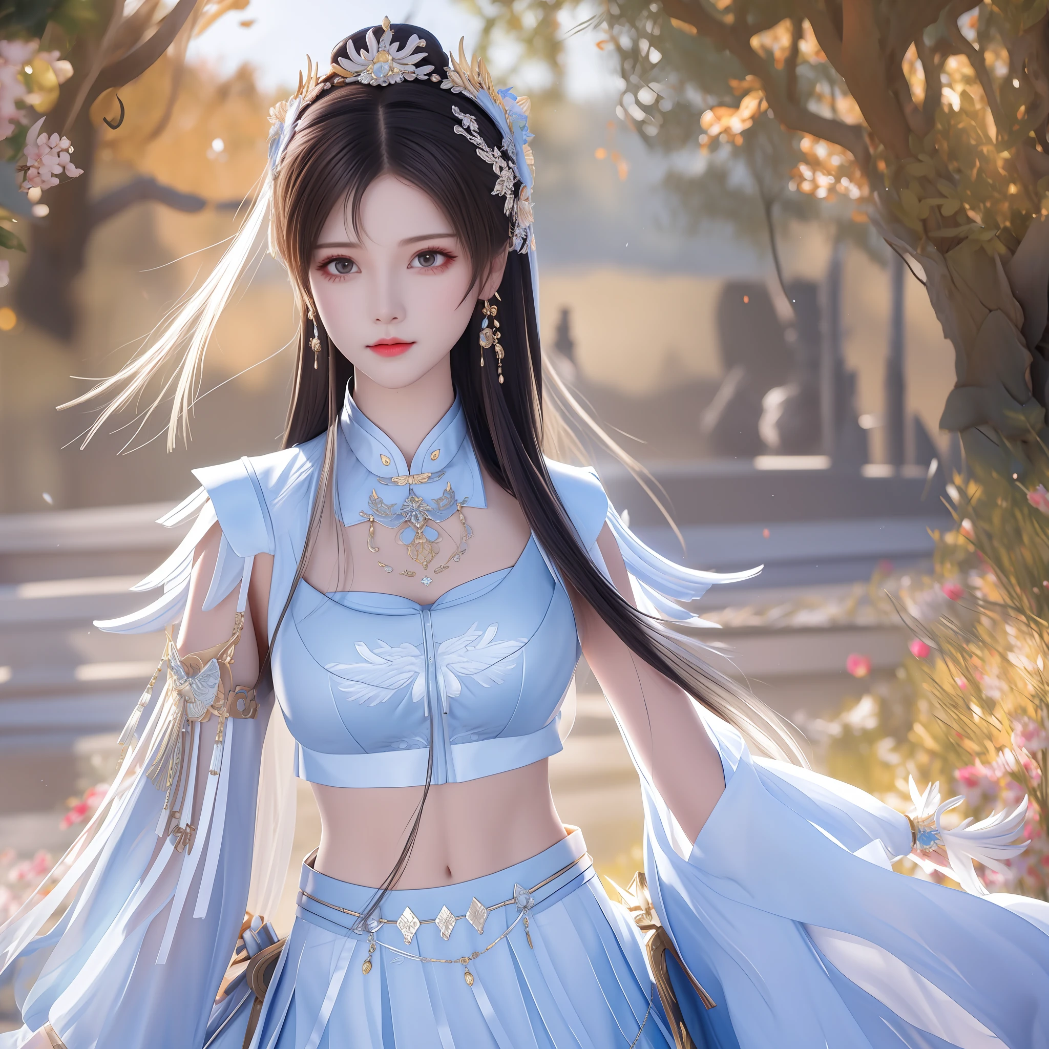 best qualtiy, tmasterpiece, A high resolution, (((1girl))), Ancient Chinese battlefield background,Metal armor, metalcollar, hair adornments, choker necklace, jewely, beautiful face, upon_body, Tyndall effect, realisticlying, dark studio, edge lit, twotonelighting, (highdetailskin:1.2), 8K UHD, digital SLR camera, gentle illumination, high high quality, Volumetriclighting, Frankness, photore, A high resolution, 4k, 8k, bokeh,Silver-white bikini armor,Embroidered phoenix on the chest,metal breastplate,tight-fitting,pony tails,Bare arms,Exposing the abdomen,arma,Short wrist guards,stocklings