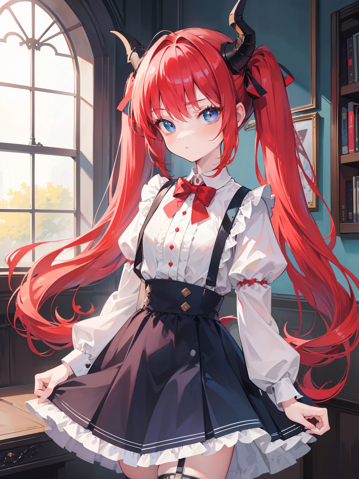 {{best quality}}, {{masterpiece}}, {{ultra-detailed}}, {illustration}, {detailed light}, red hair,blue eyes,twintails,ta,Suspenders skirt,Fantastic,lolio,Dragon horns,little gir