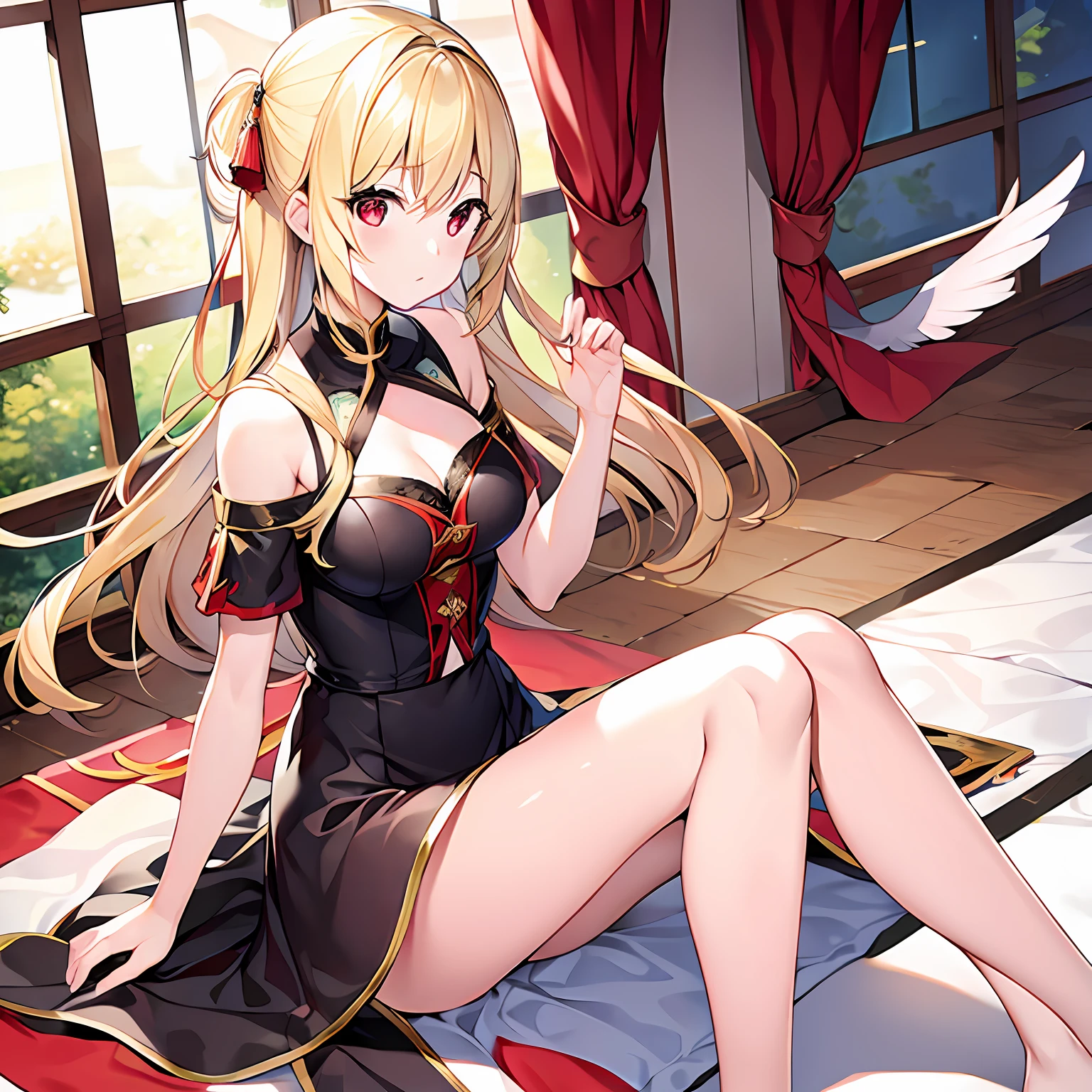 a blond、red eyes、Beautiful girl alone、独奏、animesque、doress、Angel wings
