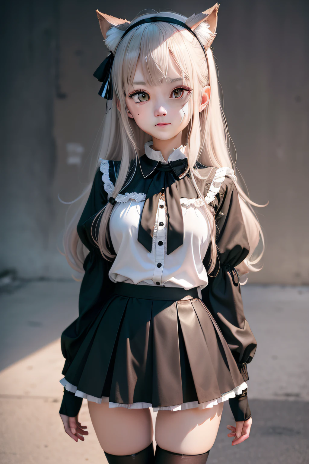 long eyelasher, solid circle eyes, Light smile, Wet hair, lolitahairband, Raised eyebrows, Fake animal ears, Makeup, full blush, shadowing, anaglyph, stereograms, tachi-e, angle of view, 8K, Super detail, ccurate, Best quality,Loli outfit,比基尼,fully body photo,black short skirt,black lence stockings