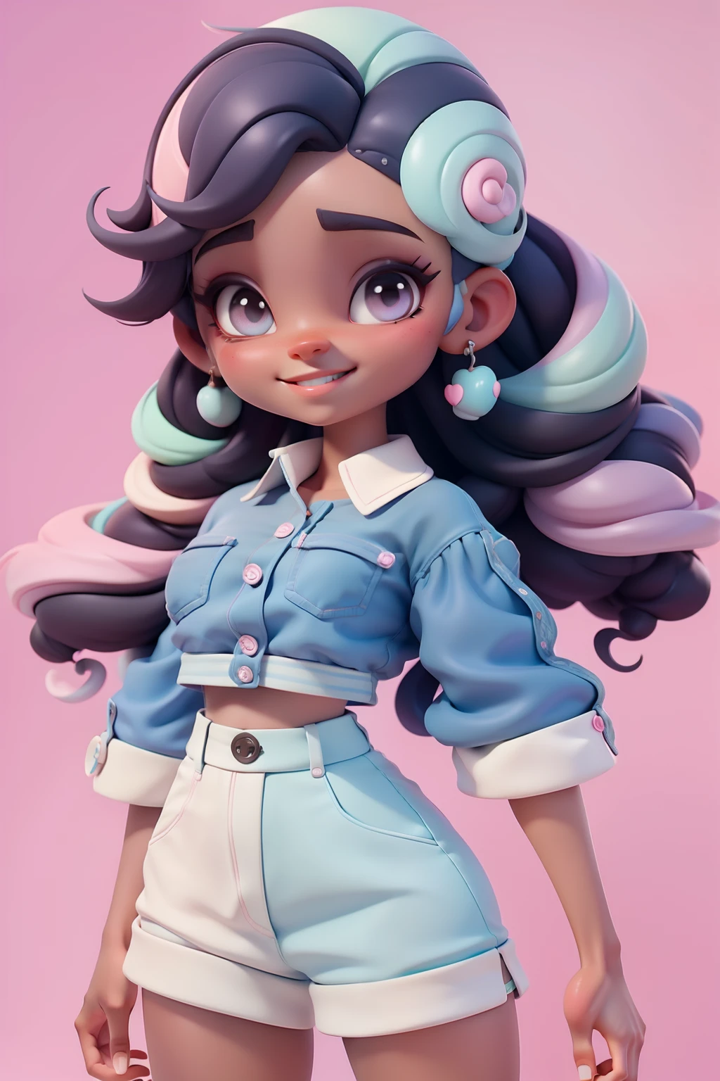 Avatar menina negra, tons pastel, sorriso meigo e delicado, Modern clothing and accessories, corpo inteiro,pele clara e olhos delicados e cabelos multicolor, fundo simples e branco
