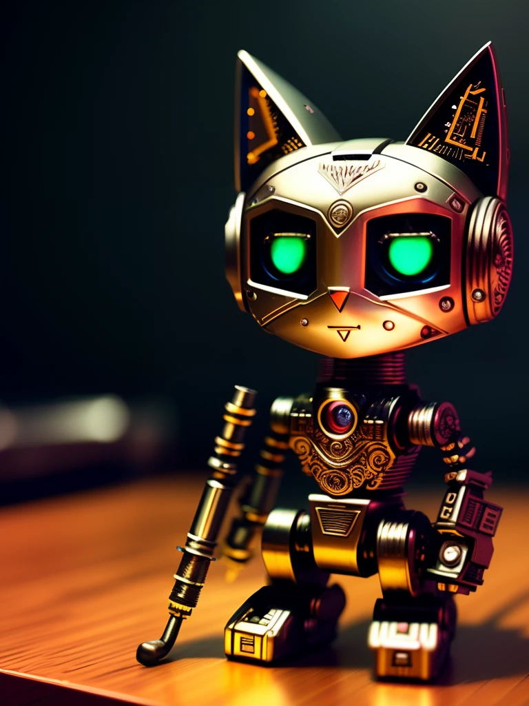 A cute kitten made of metal, robot, cyberpunk style, ((intricate details)), hdr, ((intricate details, super detailed)), cinematic footage, vignette