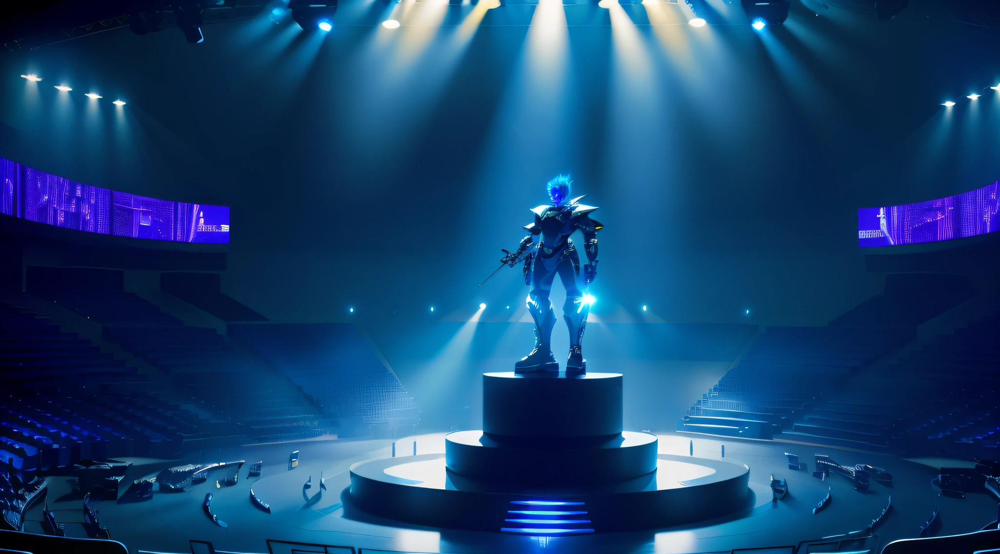 Esports venues,cyber punk style,Overall blue-black gold tone,There is a circular stage in the center,There is a championship trophy in the center of the stage,Large screen in the center of the sky,The electronic screen is highlighted,There are surround auditoriums,The auditorium was packed,Electronic screens are interspersed in the auditorium