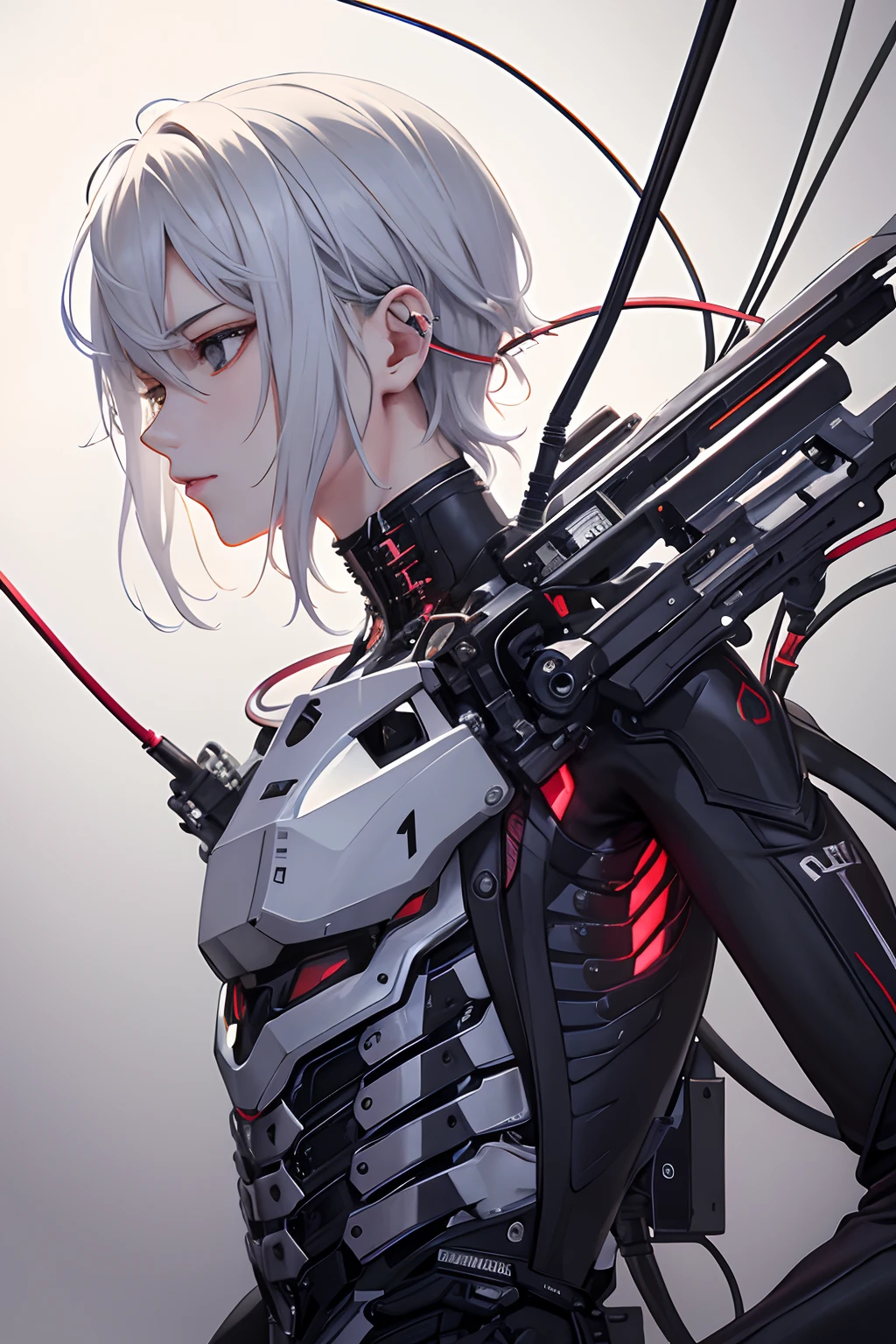 （tmasterpiece，top Quority，best qualtiy，offcial art，Beauty and aesthetics：1.2），（1boys：1.3），Extremely detailed，plethora of colors，Most detailed（（ultra - detailed）），（highly detailed CGillustration），（（Very delicate and handsome），（From the side Side），cinematic lighitnglamplight，（（1 mechanical boy）），solo person，full bodyesbian，（Machine-made joints：1.2），（（Mechanical limb）），（Blood vessel attached to tube）， （Mechanical vertebrae are attached to the back），（（The mechanical cervical vertebrae are attached to the neck）），（sitted），face expressionless，（Wires and cables are attached to the neck：1.2），（Wires and cables on the head：1.2）（Character focus），Science fiction，城市，（bloods：1.5）