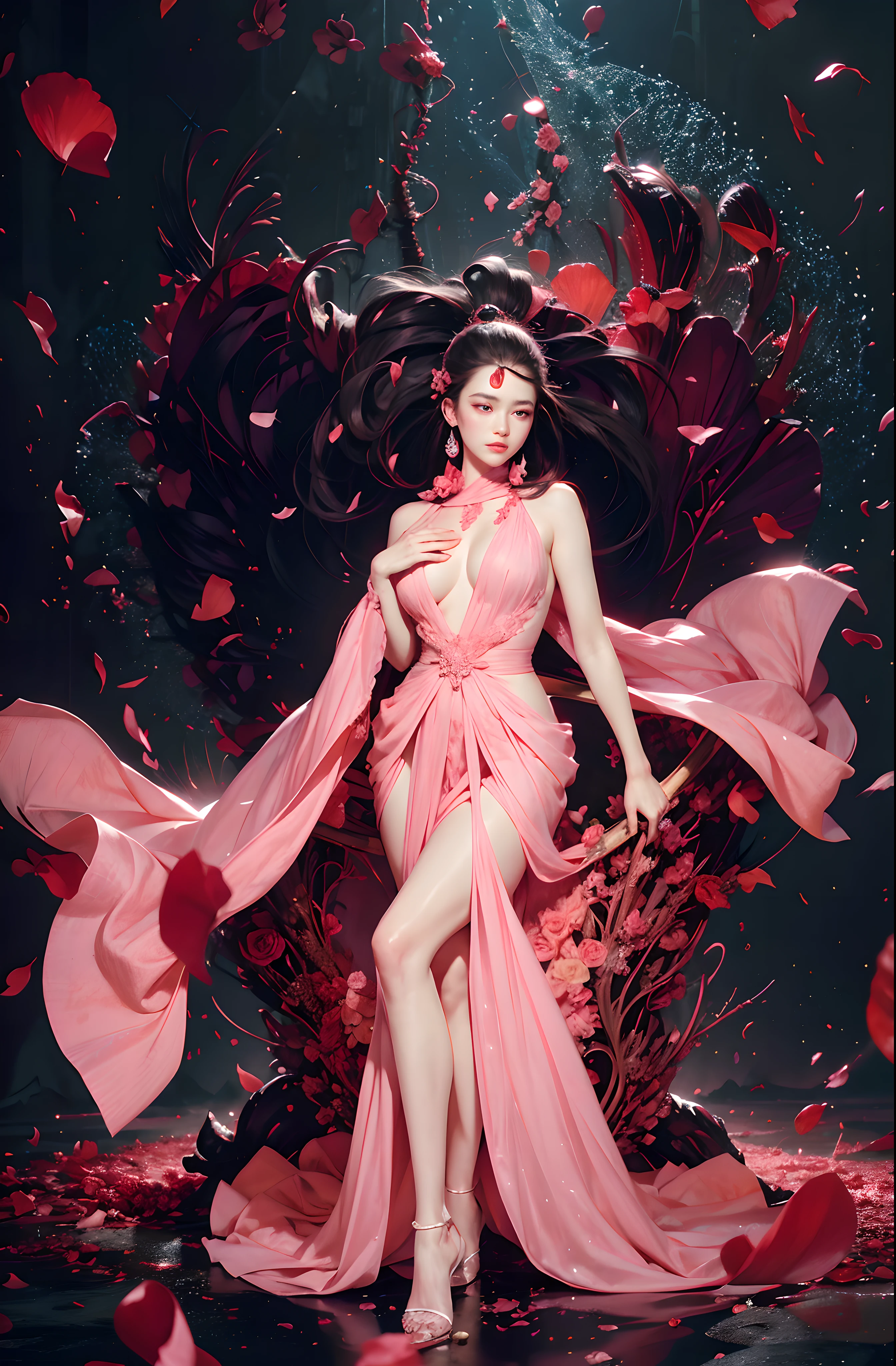 (RAW Photo, Best Quality), (Realistic, Photorealistic Real: 1.3) , arafed woman in a pink dress standing on roses, Rose petals fly around the body, strong back light , flowing gown, woman model, glamorous fashion pose, digital art of an elegant, elegant glamor pose, wearing a pink ballroom gown, flowing realistic fabric, dressed in a pink dress, glamour pose, glamour fashion pose, wearing long gown, stunning elegant pose, flowing sakura-colored silk, fashion model pose, official art, unity 8k wallpaper, ultra detailed, beautiful and aesthetic, masterpiece, best quality, (zentangle, mandala, tangle, entangle), (fractal art:1.3) , extremely detailed, dynamic angle, cowboyshot, the most beautiful form of chaos, elegant, a brutalist designed, vivid colours, romanticism, by james jean, roby dwi antono, ross tran, francis bacon, michal mraz, adrian ghenie, petra cortright, gerhard richter, takato yamamoto, ashley wood, atmospheric, ecstasy of musical notes, streaming musical notes visible