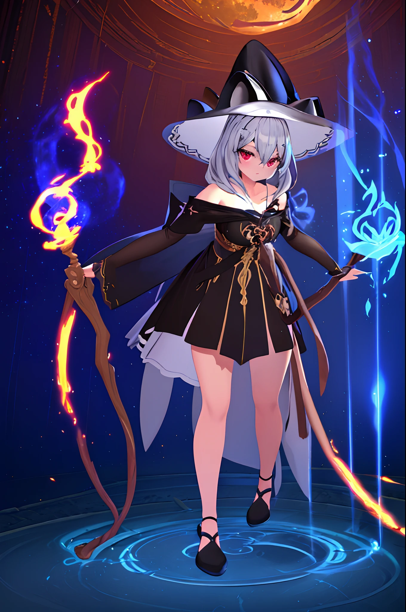 ((best quality)), ((masterpiece)), ((ultra-detailed)), (illustration), (detailed light), (an extremely delicate and beautiful), Dramatic perspective,holding a magic staff,a enchanting girl,street,Sorceress,(lucife-switch),cute face,(sexy figure),gray long hair,red eyes,long legs,glowing bright skin,black Magic robe,black bigger witch hat,night forest,moon,((fire magic)).