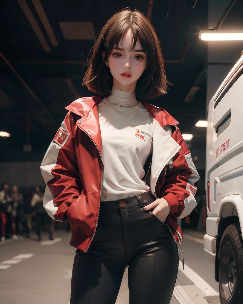 Beautiful and cute, fair and smooth skin, nice and thin body, red cheeks, part of the body of a robot, Wear a jacket and trousers.
