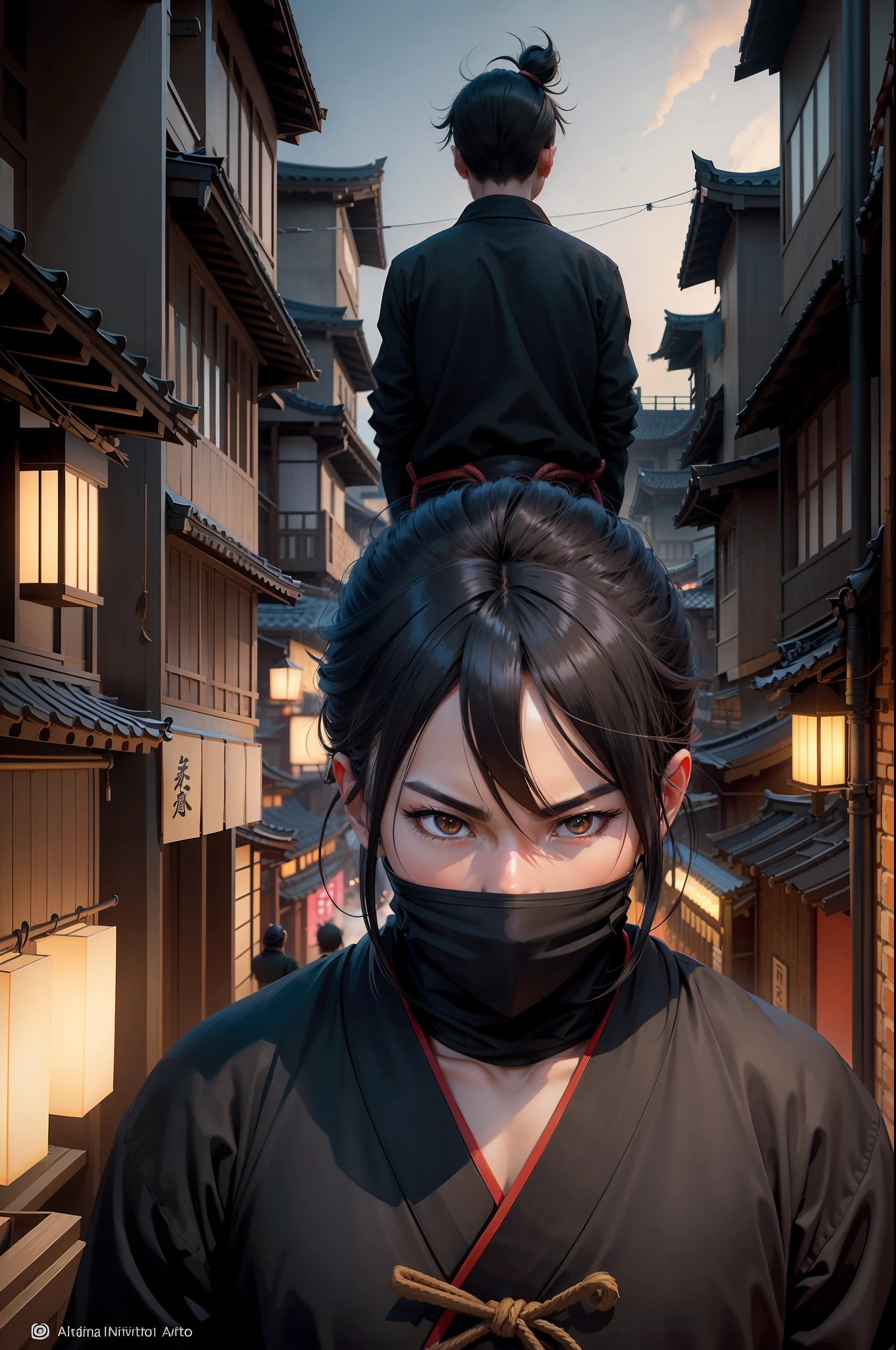 "Create an anime scene: a ninja's silhouette perched atop a distant rooftop, intently observing a bustling Edo period street festival below. Amidst the lively crowd and paper lanterns, the ninja's presence remains subtle and distant. This AI-crafted artwork captures the essence of secrecy and vigilance, as the ninja watches from afar amidst the vibrant festivities."
