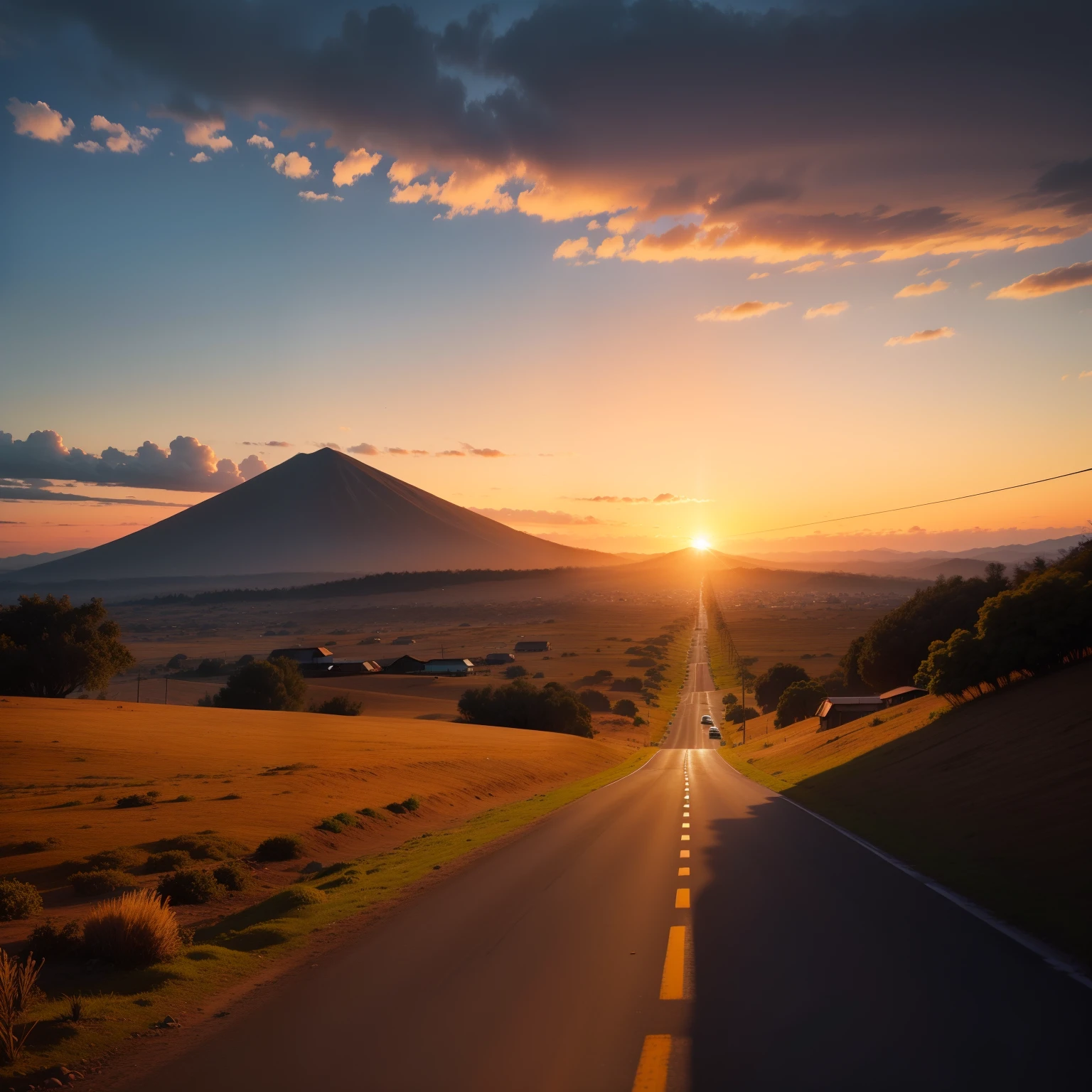 Uma estrada nas montanhas, com um por do sol, with no one near
