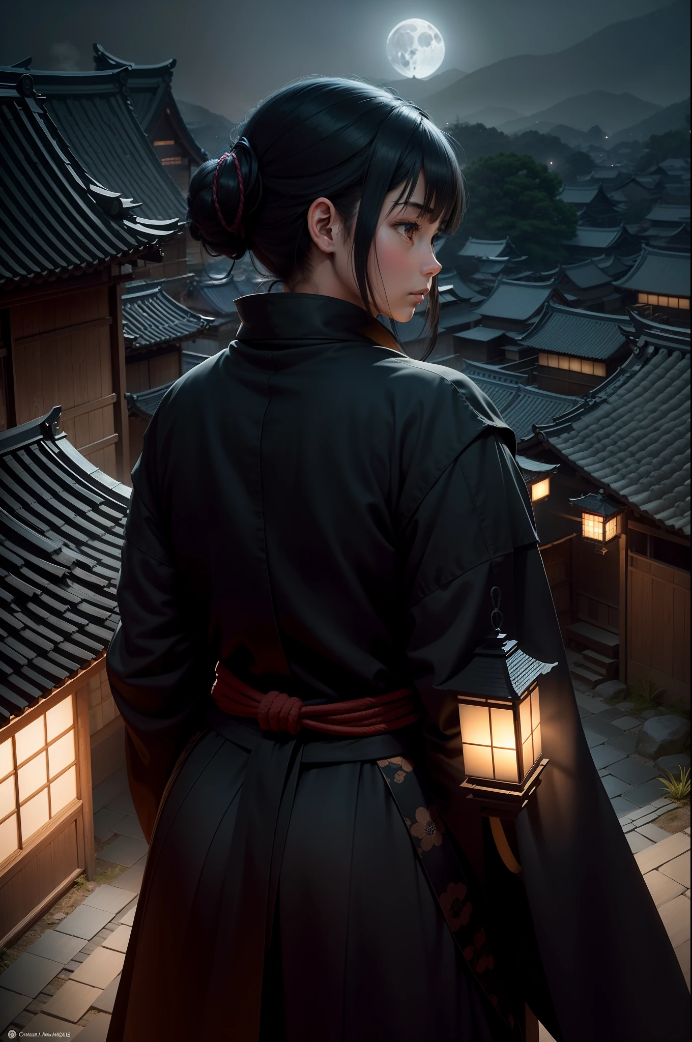 "Create a manga scene: a female ninja's silhouette atop a camouflaged house in an Edo period Japanese village at night. Moonlight outlines her figure, with only her eyes visible. The tranquil village and shadows add an air of secrecy. This AI-crafted artwork blends mystery and history, transporting viewers to a moonlit night in ancient Japan."