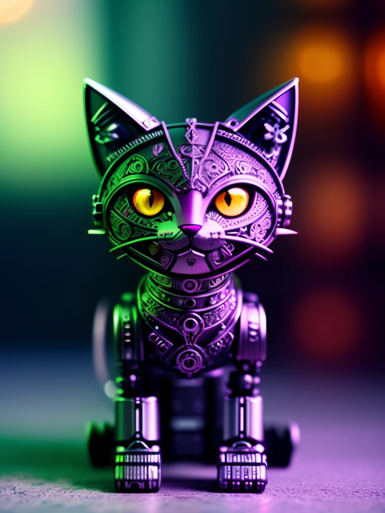 A cute kitten made of metal, robot, cyberpunk style, ((intricate details)), hdr, ((intricate details, super detailed)), cinematic footage, vignette