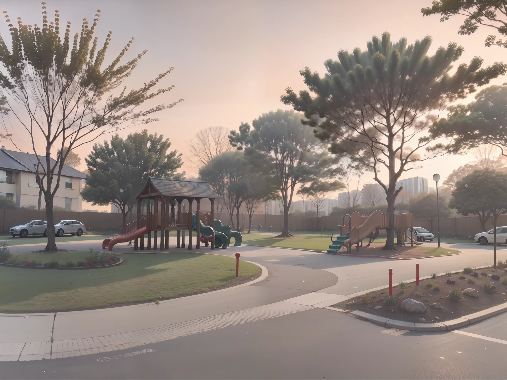 There is a playground in the middle of the residential area, with a park in the back ground, park in background, children playground, with a park in the background, residential area, Beautiful image