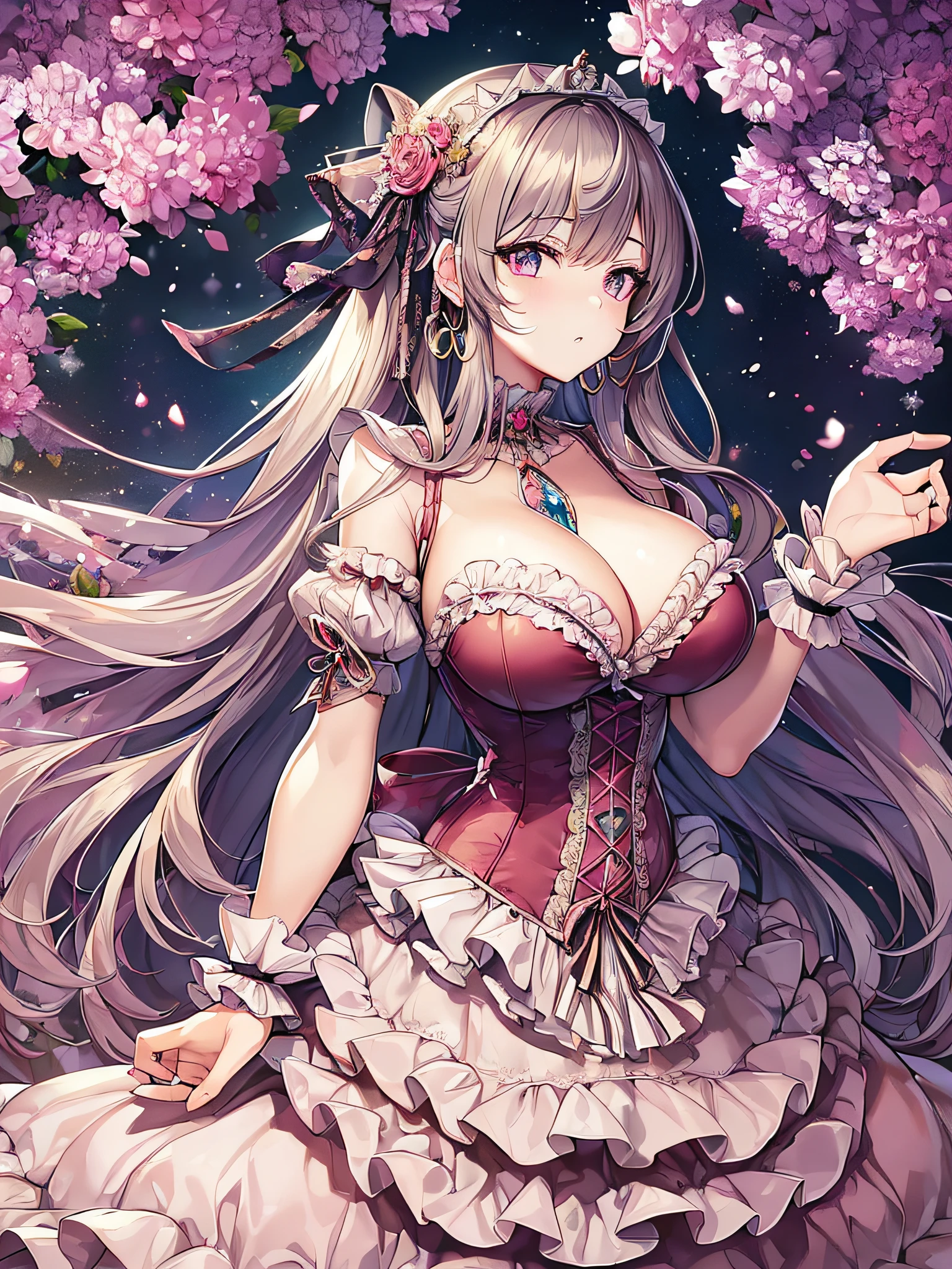 ((anime artstyle)),(Masterpiece),(Best Quality), (Super Detail),((Very Delicate and Beautiful)),(((Solo))),((full body)),(((1 princess in extremely gorgeous ta dress with voluminous full length hoop skirt))),((standing in garden)),Long train,(bling-bling gorgeous gemstone jewelry),detailed face and eyes,jewel-like eyes,cry,((large amount of straight hair,extremely voluminous Very Long Straight Hair)),((gigantic tits,Long tits)),cleavage,(gorgeousfull embroidery and lace),gorgeous corsage,See-through,((extremely gorgeousfull loliair ornament)),bling-bling extremely gorgeousfull jeweled tiara,ornate ruffles,beautiful embroidery,(hoop skirt,crinoline),flowers, flower petals flowing,((Dynamic Angle)),Looking at viewer,((full body))