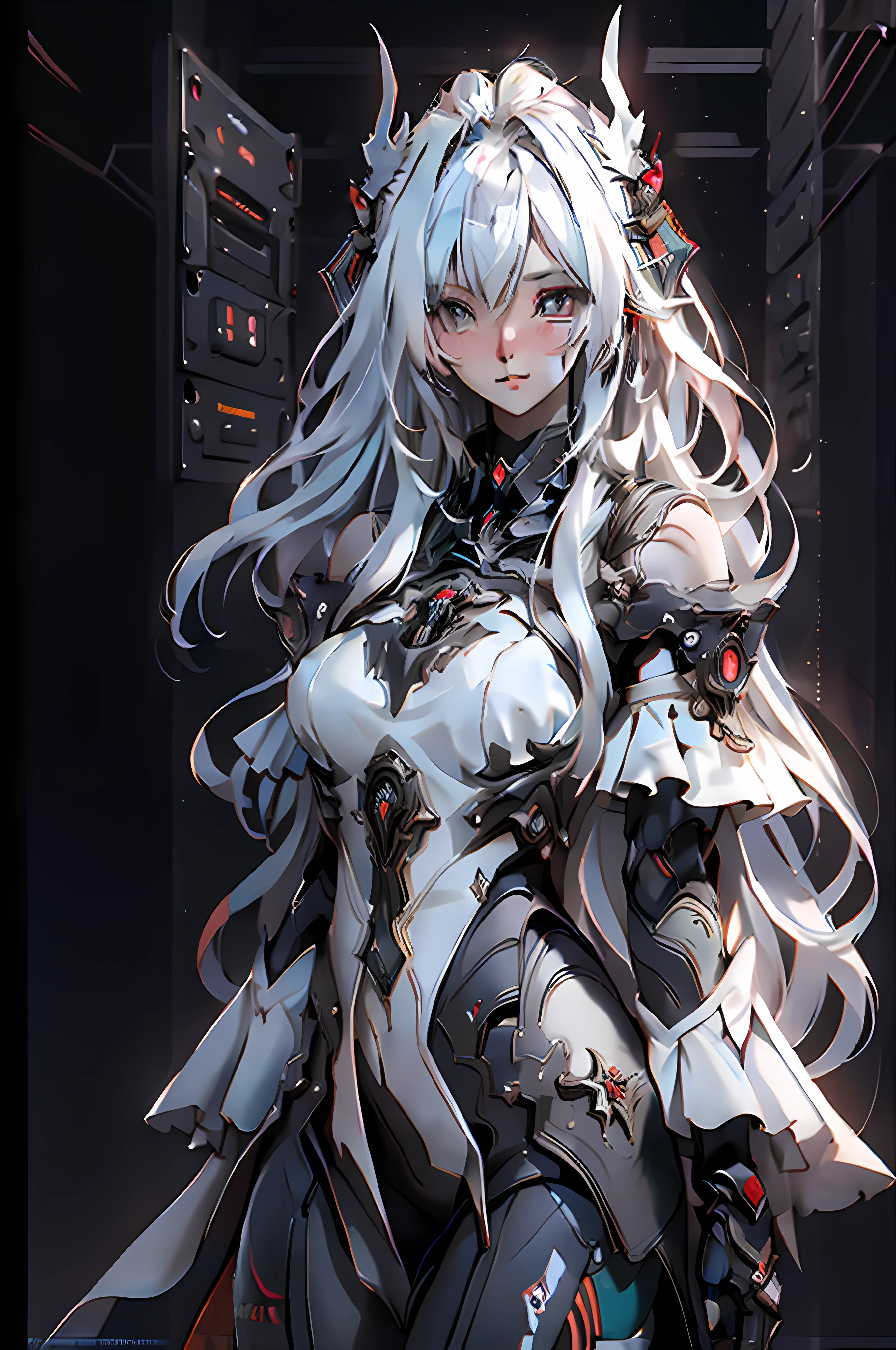 This is a hyper-detail、High resolution and top quality CG Unity 8k wallpaper,The style is cyberpunk,Mainly black and red。A beautiful girl with long hair with white messy white hair appears in the picture,s delicate face,((best qualtiy)), ((tmasterpiece)), (the detail:1.4), 3D, A beautiful cyberpunk female image,HDR(HighDynamicRange),Ray traching,NVIDIA RTX,Super-Resolution,Unreal 5,Subsurface scattering、PBR Texture、post-proces、Anisotropy Filtering、depth of fields、maximum definition and sharpness、Many-Layer Textures、Albedo e mapas Speculares、Surface Coloring、Accurate simulation of light-material interactions、perfectly proportions、Octane Render、Two-colored light、largeaperture、Low ISO、White balance、the rule of thirds、8K RAW、big breasts exposed cleavage,cropped shoulders,camisole