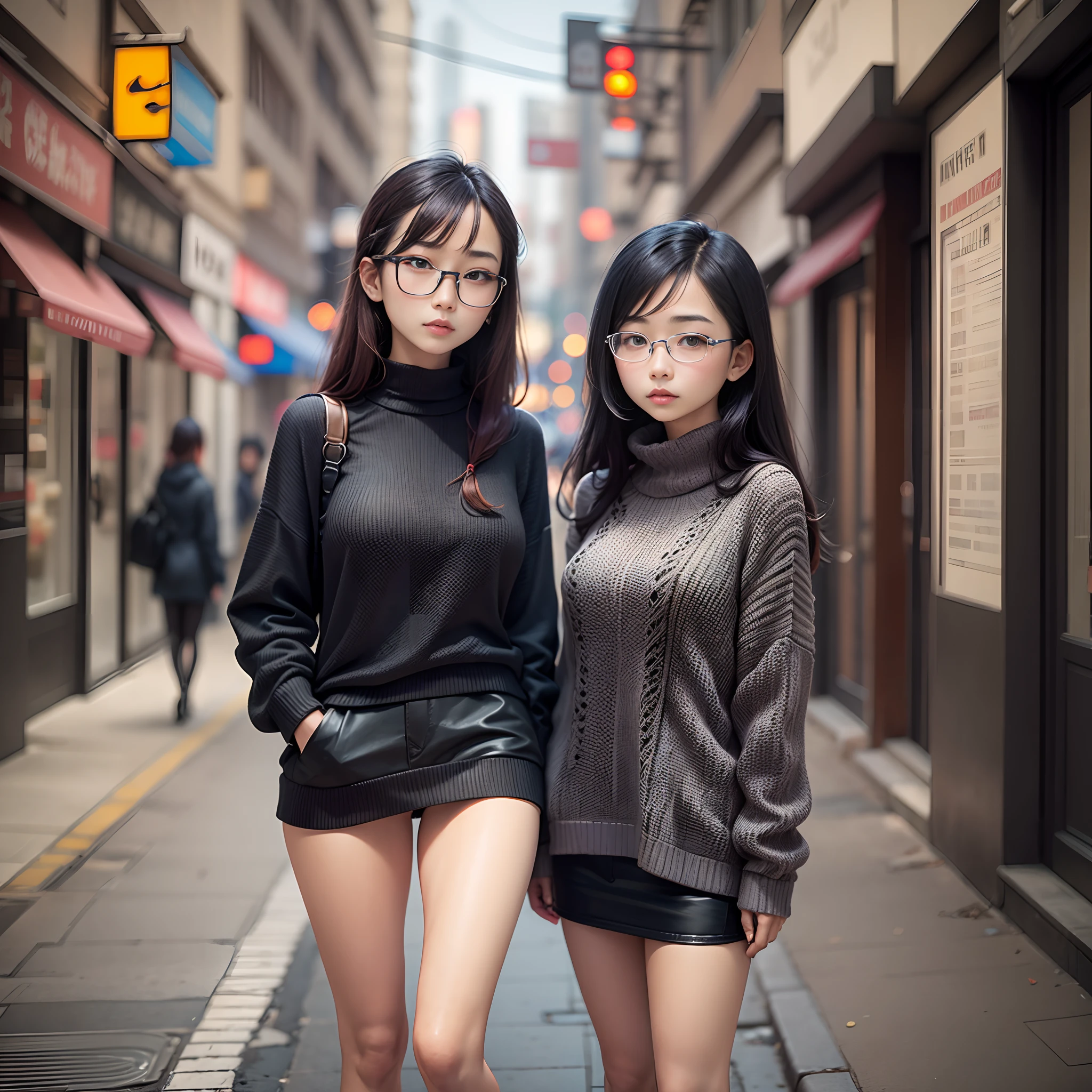 arafed woman with glass and black sweater standing on city street,potarait young asian girl, korean young girl, wearing round eyeglass --auto --s2