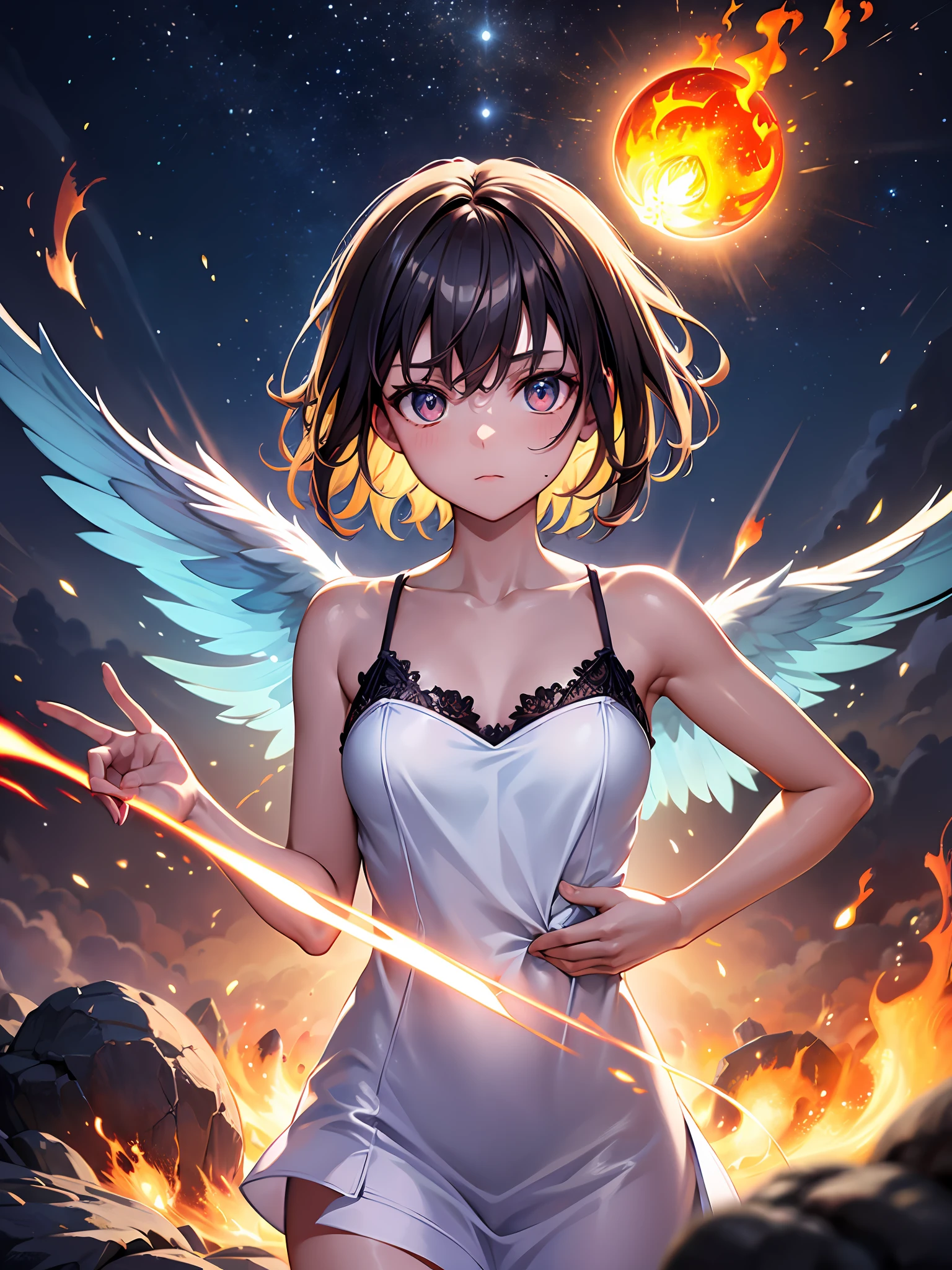 (masterpiece:1.1), (best quality:1.2), (artwork:1.1) of (real adult catgirl in light nightdress, dynamic pose:1), skinny, thin legs, thin hips, crepuscular rays, (scenic, floating short hair, tender, natural skin, upper body, tall), (crisp:1.1), (ultra detailed, ultra detailed cg background), full body colorful tattoo, firestorm, centered, colorful, glowing, (depth of field), wavy hair, finely detailed, (edge detection:1), (120mm), beautiful eyes, (intense lighting:1.1), (ultrasharp), fine art, creative, face, bokeh, photographed on a Fujifilm GFX 100S, macro lens, orange, cold blue, fireball, engulfed in flames, flight, sunny, dynamic, physics, sky, lava, moons, shockwaves, red-hot, magic, wizardry, spheres, concentric