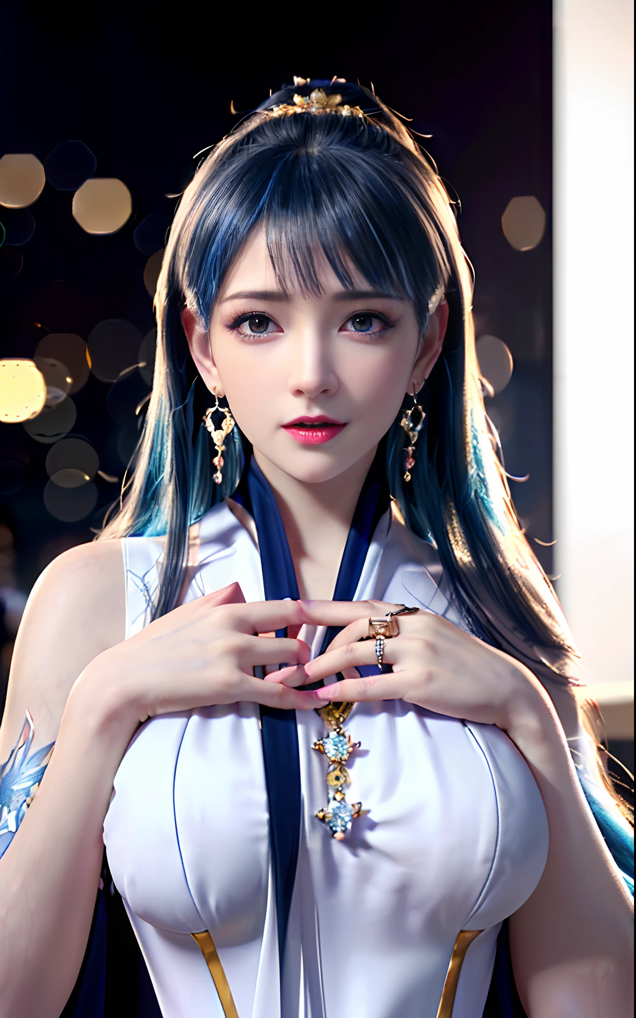 ((realisticity: 1.2)), ((realistic: 8K UHD)), ((best resolution: 8K UHD)), hyper detailed, best quality,masterpiece,highres,cg, ((1 girl hyper detailed and hyper realistic) ) , ((beautiful queen, hyper realistic and hyper detailed)),((white skin, beautiful, smooth, youthful, hyper realistic and hyper detailed )), ((Face hyper beautiful, white, hyper realistic and hyper detailed ) ), long hair, ((hyper realistic and hyper detailed dress)), solo, ((hyper realistic, hyper beautiful, beautiful and hyper detailed jewelry)), ((hyper beautiful deep red and golden yellow dress, hyper realistic and hyper detailed )) , ((Her pretty, hyper realistic, hyper detailed diamond filled earrings)), ((Her gorgeous diamond haircut, hyper realistic and hyper detailed)), ((hyper pretty upper body, hyper beautiful, hyper realistic and hyper detailed) ), ((medium breast: 1.1)), ((hyper realistic, hyper pretty, hyper detailed boobs)), ((the backgroun of the royal palace is hyper majestic, hyper realistic and hyper detailed)),((hands and palms hyper beautiful, hyper detailed, hyper realistic)), ((hyper detailed and hyper realistic fingers and fingernails)), ((hyper pretty fingernails, hyper vivid, hyper detailed, hyper realistic)), ((thumb, index finger, middle finger, ring finger, little finger hyper vivid, hyper pretty, hyper detailed, hyper realistic)),
((hyper beautiful fingers, hyper detailed, and hyper realistic)), ((posture not too fat and not too thin, hyper realistic, hyper detail)), ((hyper pretty, hyper pretty, hyper realistic and hyper detailed hair bun)), ((hyper pretty , hyper realistic and hyper detailed blue hair)), candid, Photo, high resolution, 8k , bokeh,