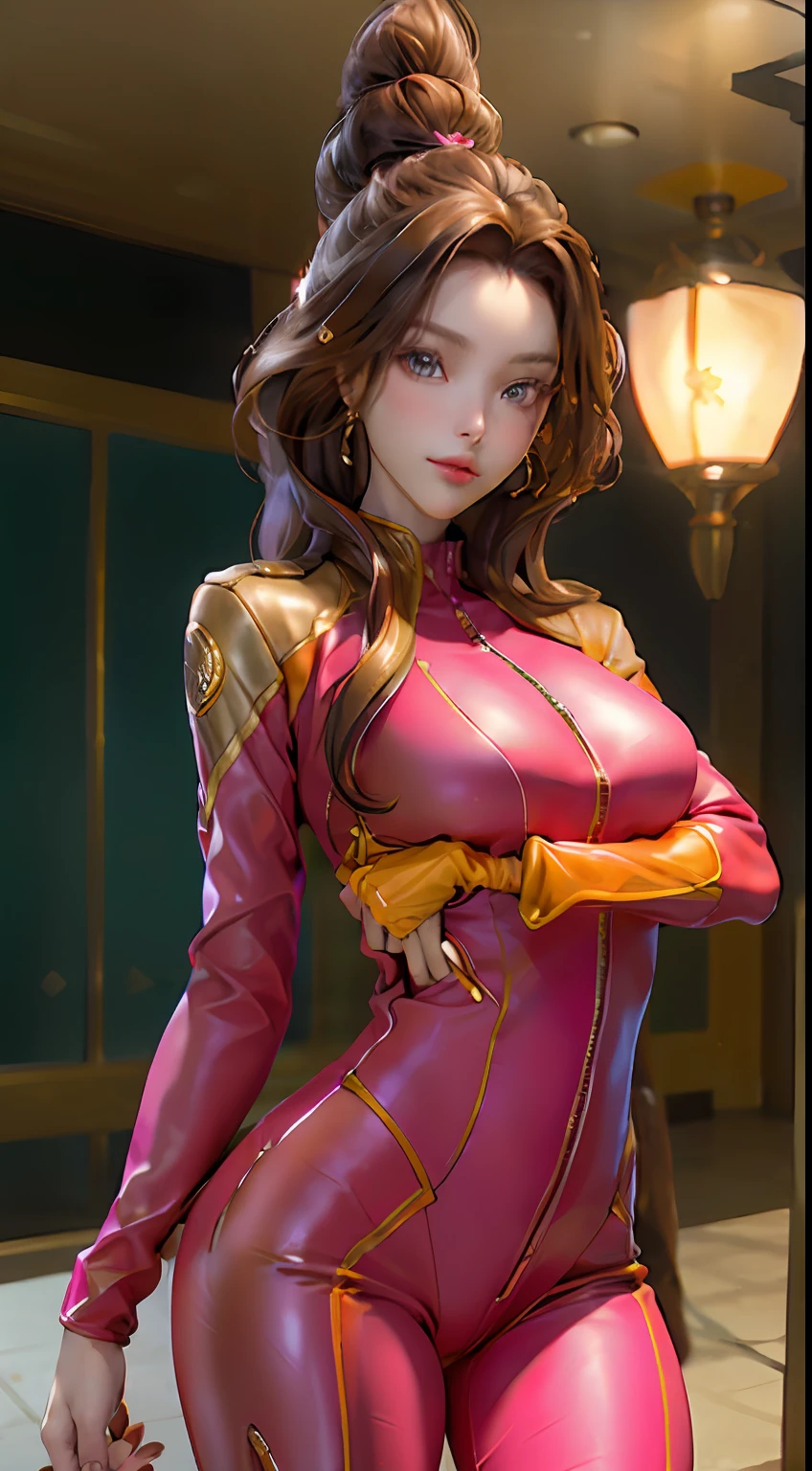 tmasterpiece，realisticlying，goodlooking，Beutiful women，brunette color hair，Golden eyes，The figure is good，tightsuit，leather clothes，Pink clothes，The action is enchanting，masterpiece，Whole body diagram。