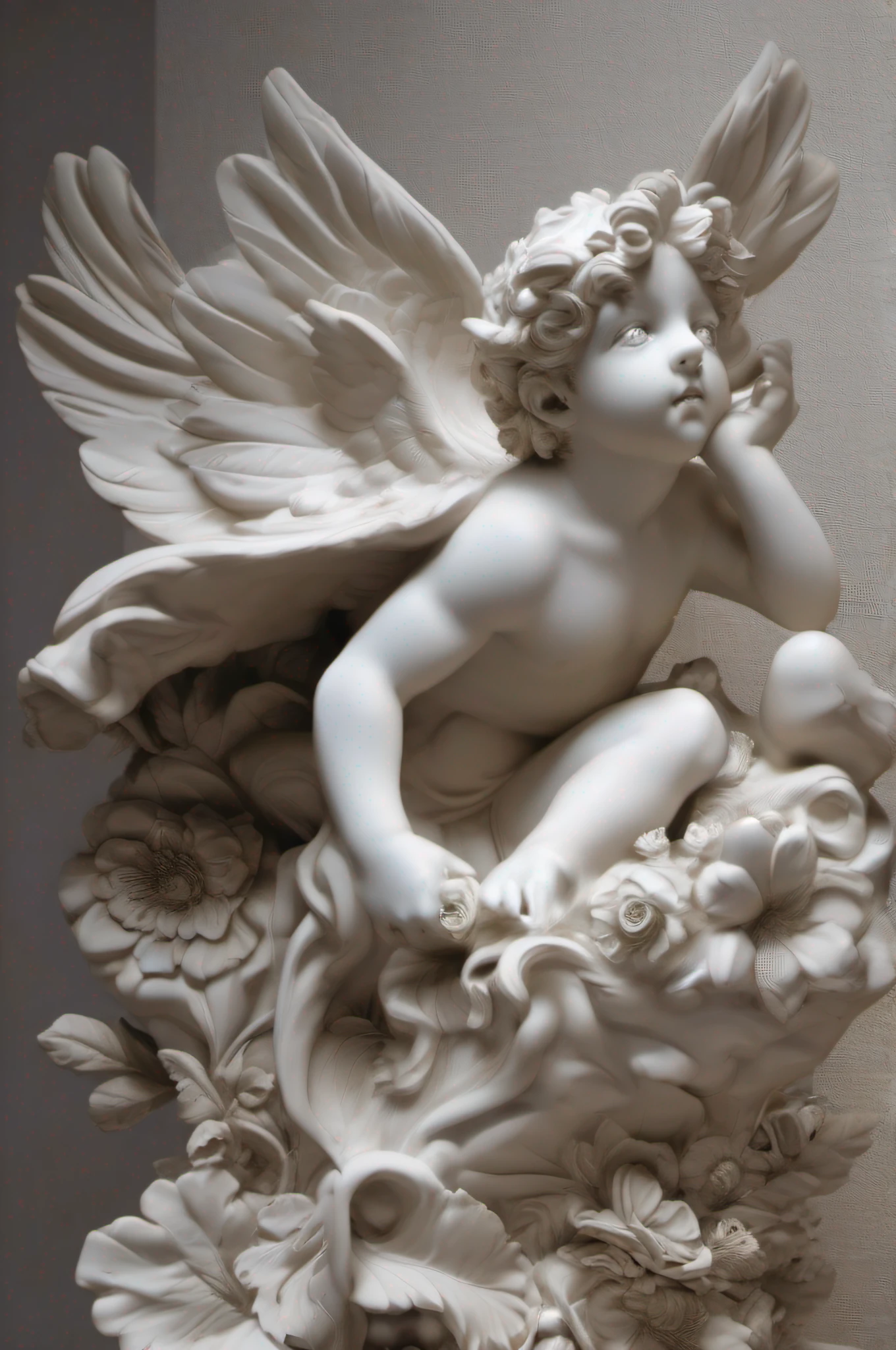 Escultura de Cupido em fundo neutro, corpo completo