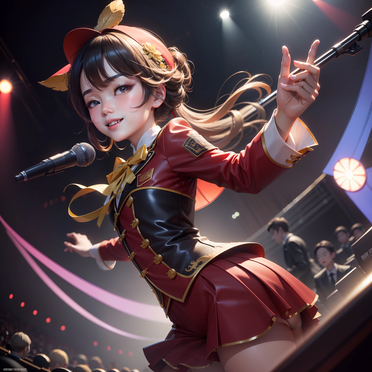 Deng Ziqi ultra HD wallpaper,perfectquality,Meticulous illustrations,youthfulenergy,Smart angle,Dynamic pose,Deng Ziqi's personal close-up,Shine a smile,Concert stage background,Colored lights,Charming style。