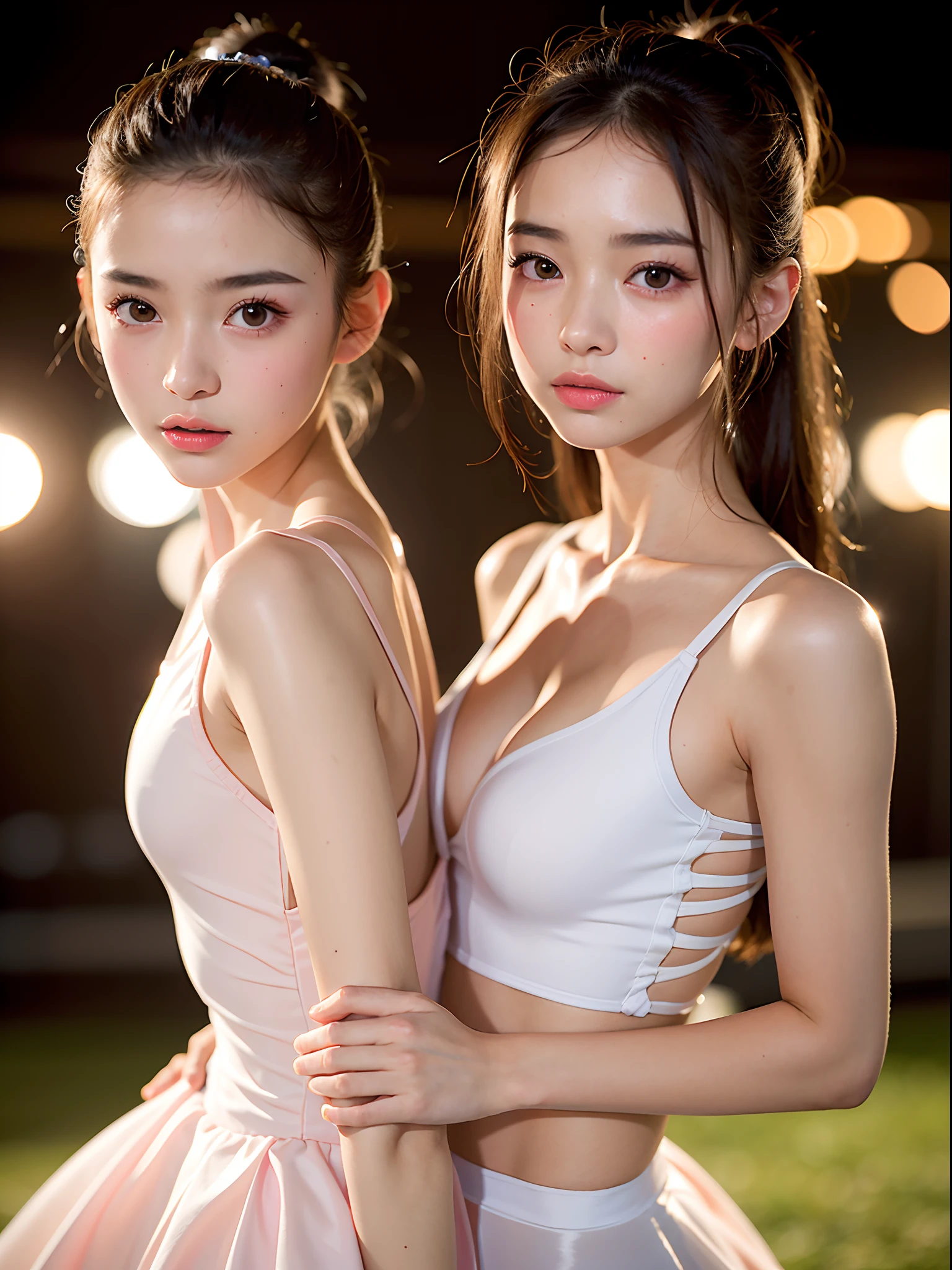 (8K、Raw photography、Photorealsitic:1.25)、(18 year old woman with beautiful perfect face)、Ballet dancer、The dynamism of ballet、On stage、It expresses a sense of tension、Ballet Costumes、Glistening sweat、lipgloss、shiny bare skin、top-quality、超A high resolution
