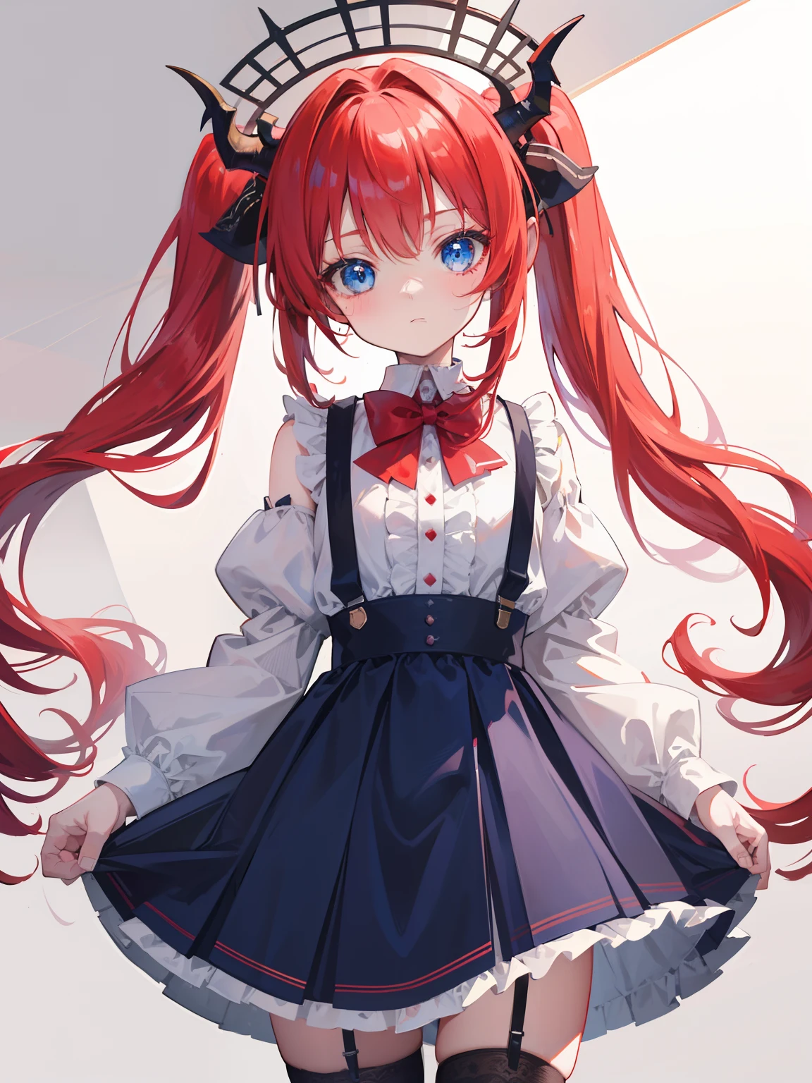 {{best quality}}, {{masterpiece}}, {{ultra-detailed}}, {illustration}, {detailed light}, red hair,blue eyes,twintails,ta,Suspenders skirt,Fantastic,lolio,Dragon horns,little gir