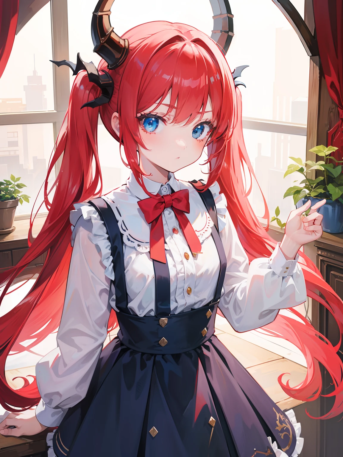 {{best quality}}, {{masterpiece}}, {{ultra-detailed}}, {illustration}, {detailed light}, red hair,blue eyes,twintails,lolita,Suspenders skirt,Fantastic,loli,solo,Dragon horns,little girl,long hair