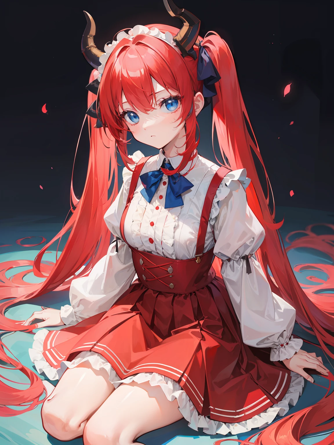 {{best quality}}, {{masterpiece}}, {{ultra-detailed}}, {illustration}, {detailed light}, red hair,blue eyes,twintails,lolita,Suspenders skirt,Fantastic,loli,solo,Dragon horns,little girl,long hair