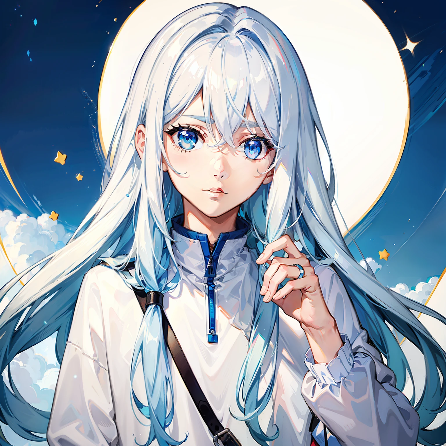 (tmasterpiece，best qualtiy)，A beautiful boy with long white hair，blue color eyes，Sweatshirt