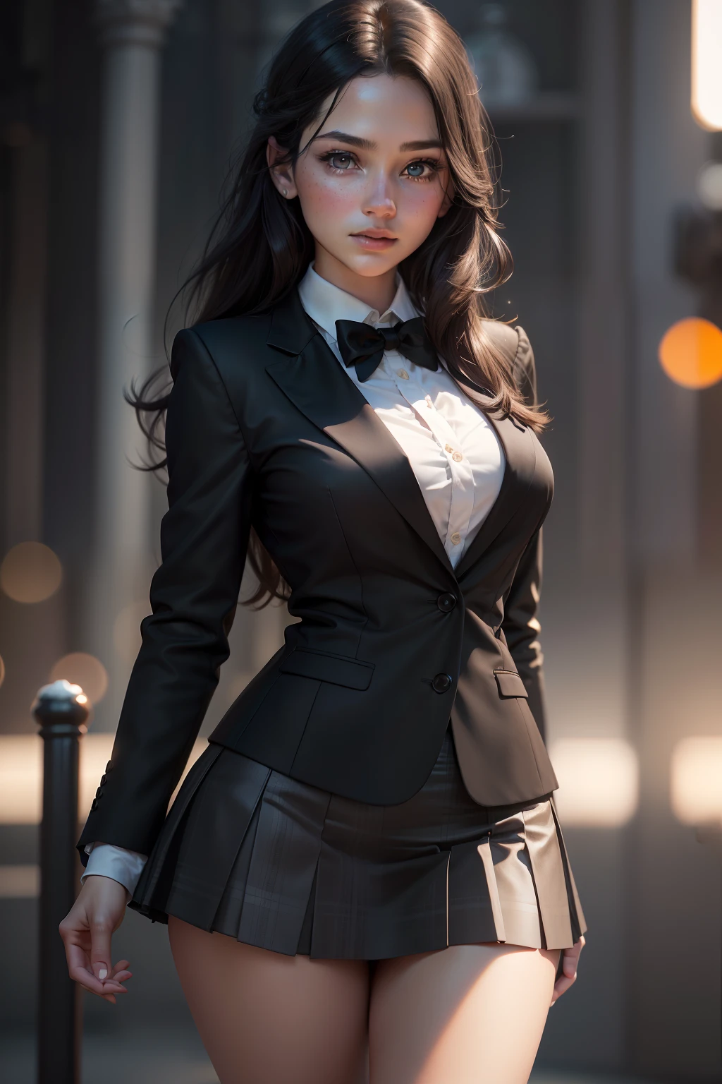 best quality, masterpiece, 1girl, Beautiful face, (photo realistic:1.3), rim lighting, (high detailed skin:1.2), 8k uhd, dslr, high quality, high resolution, 4k, 8k, Bokeh, absurdres, best ratio four finger and one thumb, (realistic:1.3), cute 1girl, wearing black formal blazer, medium breasts, short skirt,
