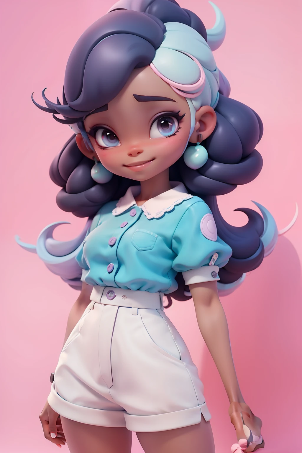 Avatar menina negra, tons pastel, sorriso meigo e delicado, Modern clothing and accessories, corpo inteiro,pele clara e olhos delicados e cabelos multicolor, fundo simples e branco