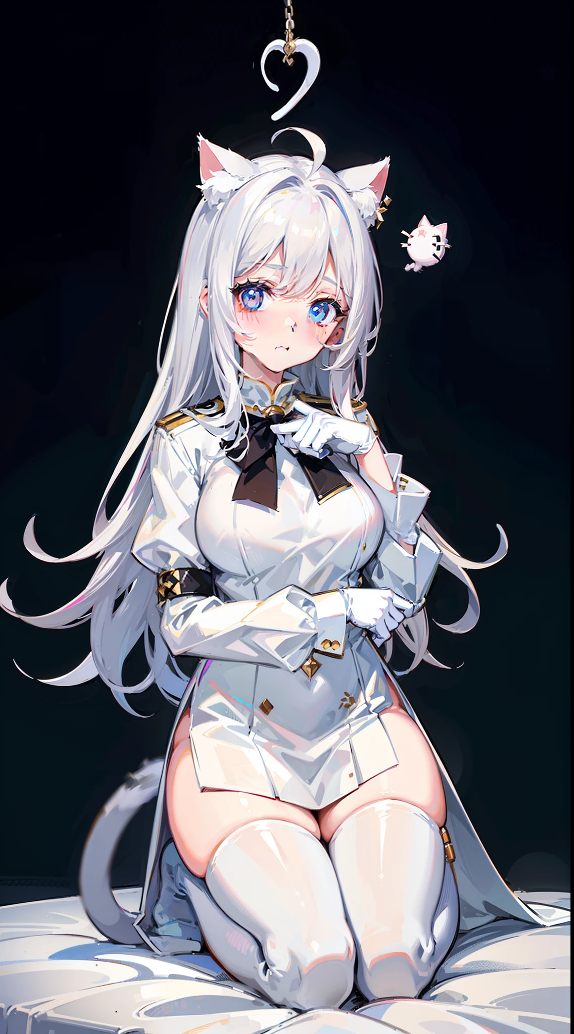 Blush, ((((White color blouse)))), white long boots, (on top of the bed), Kneeling, D-cups, White hair, ahoge, Heart-shaped pupils, blue color eyes, (((((cat ear))))), is shy,White gloves, torogao, Reflectors, Yandere, anime big breast, Chiaroscuro, Ray tracing, shadowing, hyper HD, Masterpiece, Accurate, Anatomically correct, Textured skin, Super detail, High details, High quality, Award-Awarded, Best quality, A high resolution, 16k,(There is love around you),((((Tempting))))