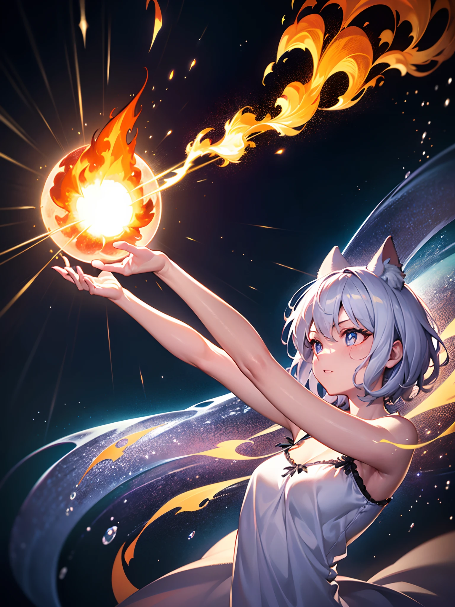 (masterpiece:1.1), (best quality:1.2), (artwork:1.1) of (real adult catgirl in light nightdress, dynamic pose:1), skinny, thin legs, thin hips, crepuscular rays, (scenic, floating short hair, tender, natural skin, upper body, tall), (crisp:1.1), (ultra detailed, ultra detailed cg background), full body colorful tattoo, firestorm, centered, colorful, glowing, (depth of field), wavy hair, finely detailed, (edge detection:1), (120mm), beautiful eyes, (intense lighting:1.1), (ultrasharp), fine art, creative, face, bokeh, photographed on a Fujifilm GFX 100S, macro lens, orange, cold blue, fireball, engulfed in flames, flight, sunny, dynamic, physics, sky, lava, moons, shockwaves, red-hot, magic, wizardry, spheres, concentric