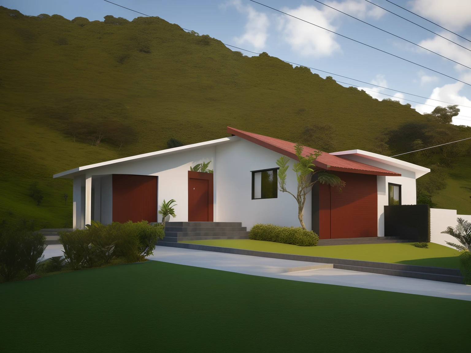 There is a small white house with a red roof and a green door, Garage access ramp on the left side of the photo,Rendering with vibrant colors, Directed by: CeFerí Olivé,Vista exterior, gramado muito verde em frente, Casa completa, vista externa, imagem de listagem, imagem frontal, testa, Casa moderna, Estilo colonial, Directed by: Willian Murai,Location of the forest, vista frontal, imagem central, vista frontal, casa no fundo, Front view