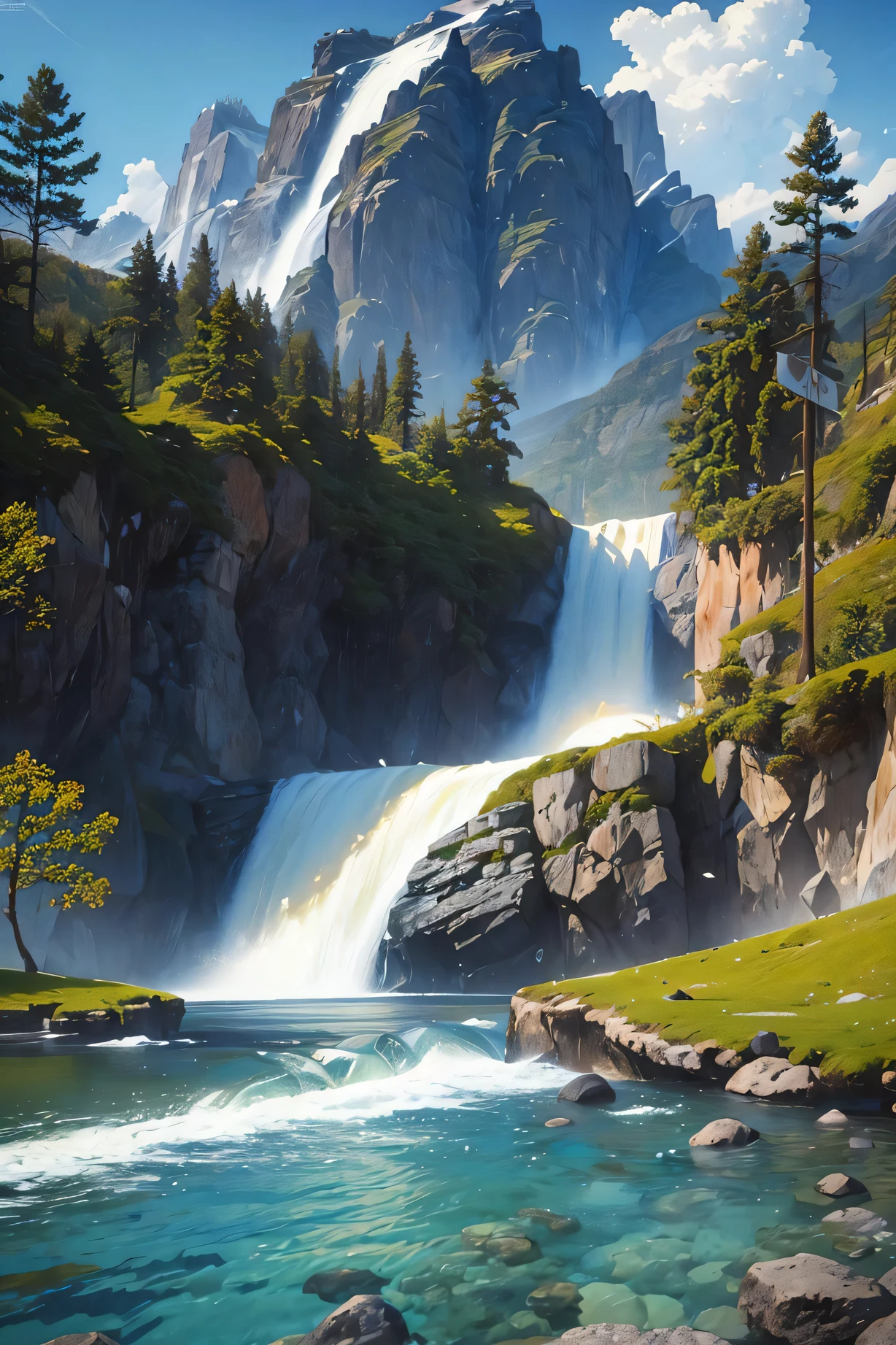 (masterpiece, best quality:2), high quality, extremely detailed CG unity 8k wallpaper, scenery, outdoors, sky, cloud, day, no humans, mountain, landscape, water, tree, blue sky, waterfall, cliff, nature, lake, river, cloudy sky,award winning photography, Bokeh, Depth of Field, HDR, bloom, Chromatic Aberration ,Photorealistic,extremely detailed, trending on artstation, trending on CGsociety, Intricate, High Detail, dramatic, art by midjourney, (no humans)