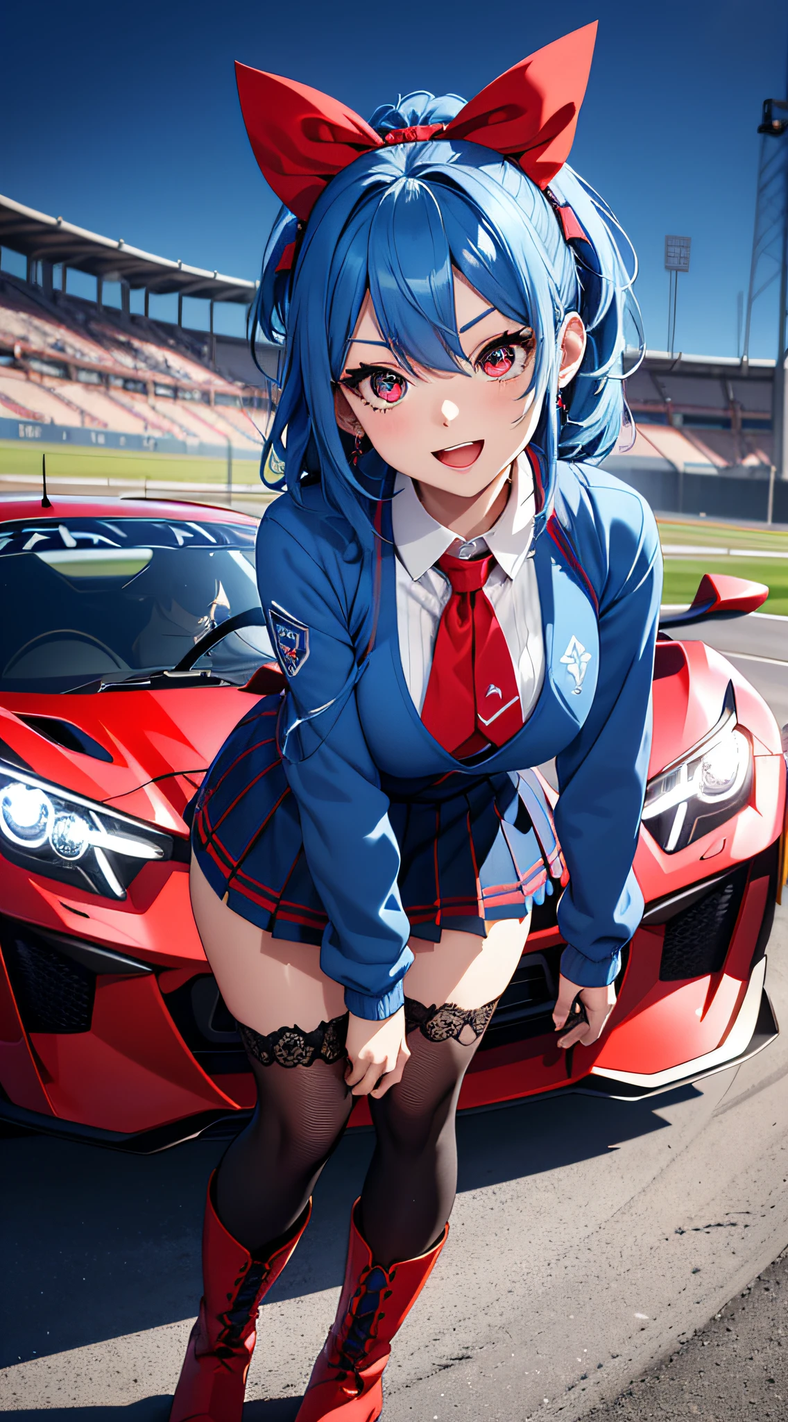 (top-quality、in 8K、32K、​masterpiece、nffsw、ighly detailed、Impresionismo、Photorealsitic:1.2)、Full body, (Circuit field、sports car on the background、GTーR:1.4)、deep-shadows、detailed faces and eyes、beauitful face、25 year old beauty、shinny skin, Beautiful blue hair、Twin-tailed、Red Eyes、beauitful face、Bright lace queen outfit、a miniskirt、Wearing boots、Absolute area、Tie your hair with a big red ribbon、Curve、raise arms、Opens mouth and laughs