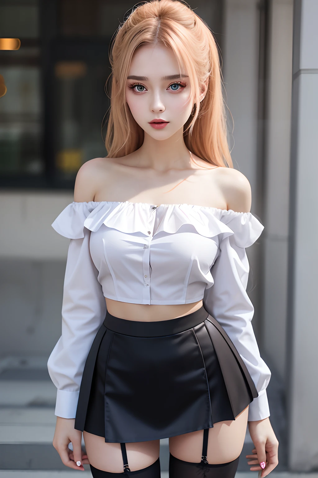 a beautiful 20yo Ukraine woman, off-shoulder shirt, high waist short skirt , thighhighs