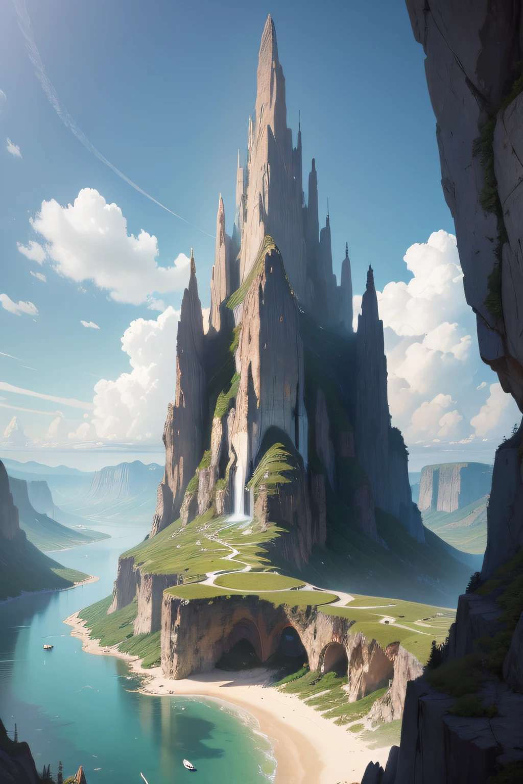 Masterpiece, best quality, high quality, extremely detailed CG unity 8k wallpaper, landscape, outdoor, sky, cloud, sky, no humans, mountain, landscape, water, tree, blue sky, waterfall, cliff, nature, lake, river , cloudy skies, award winning photography, bokeh, depth of field, HDR, bloom, chromatic aberration, photorealism, very detailed, trending on artstation, trending on CGsociety, intricate, high detail, dramatic, midjourney art