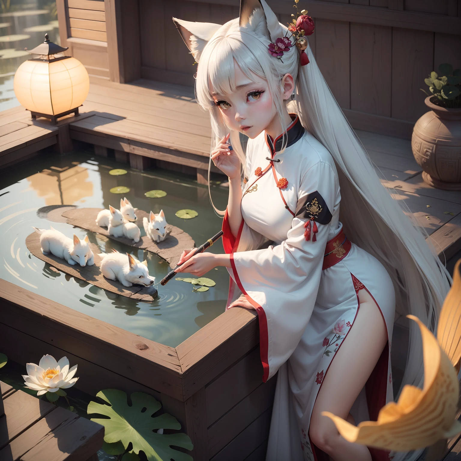 ((4k,masterpiece,best quality)), shuimobysim, Traditional chinese painting, lotuses, Hanfu, maxiskit, dress conservatively 1 girl, 独奏, whaite hair, long whitr hair, fox ear, white colors, 比基尼, The fish, Many fish are close to the girl, looking at viewert, Titillating,White liquid