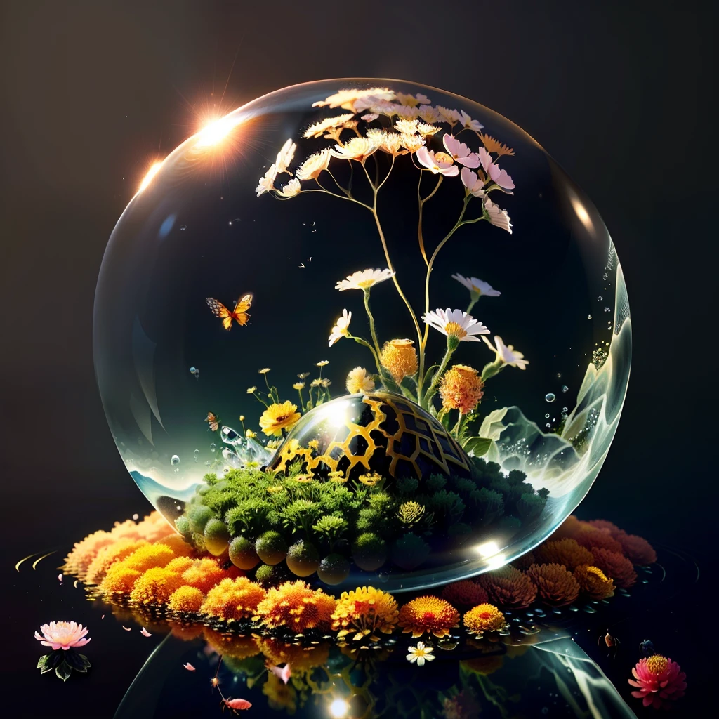 anthill with flowers and insects trapped in a water bubble on top realistic