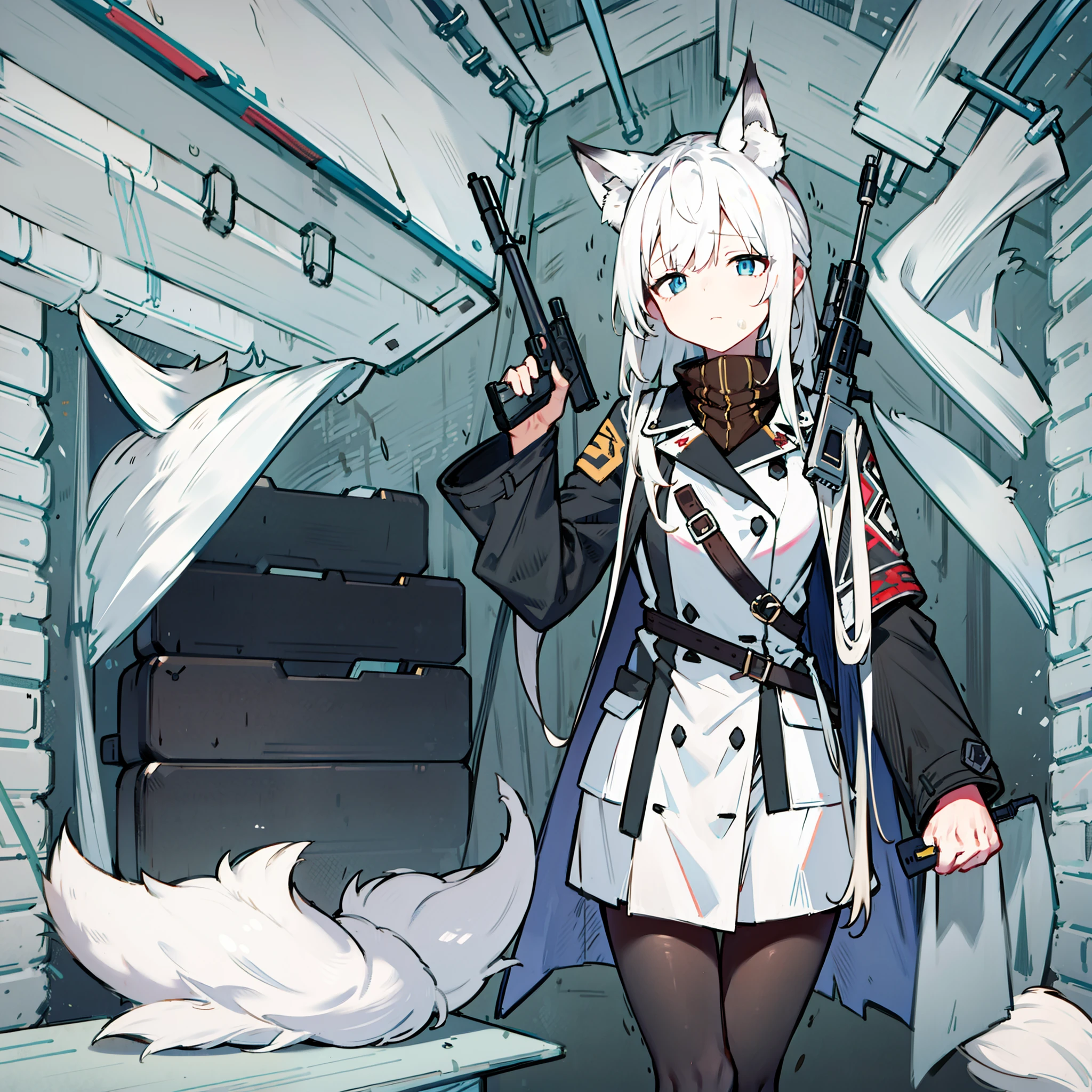 Trench coat，long  white hair，fox ear，A teenage girl，assault rifle，shyexpression