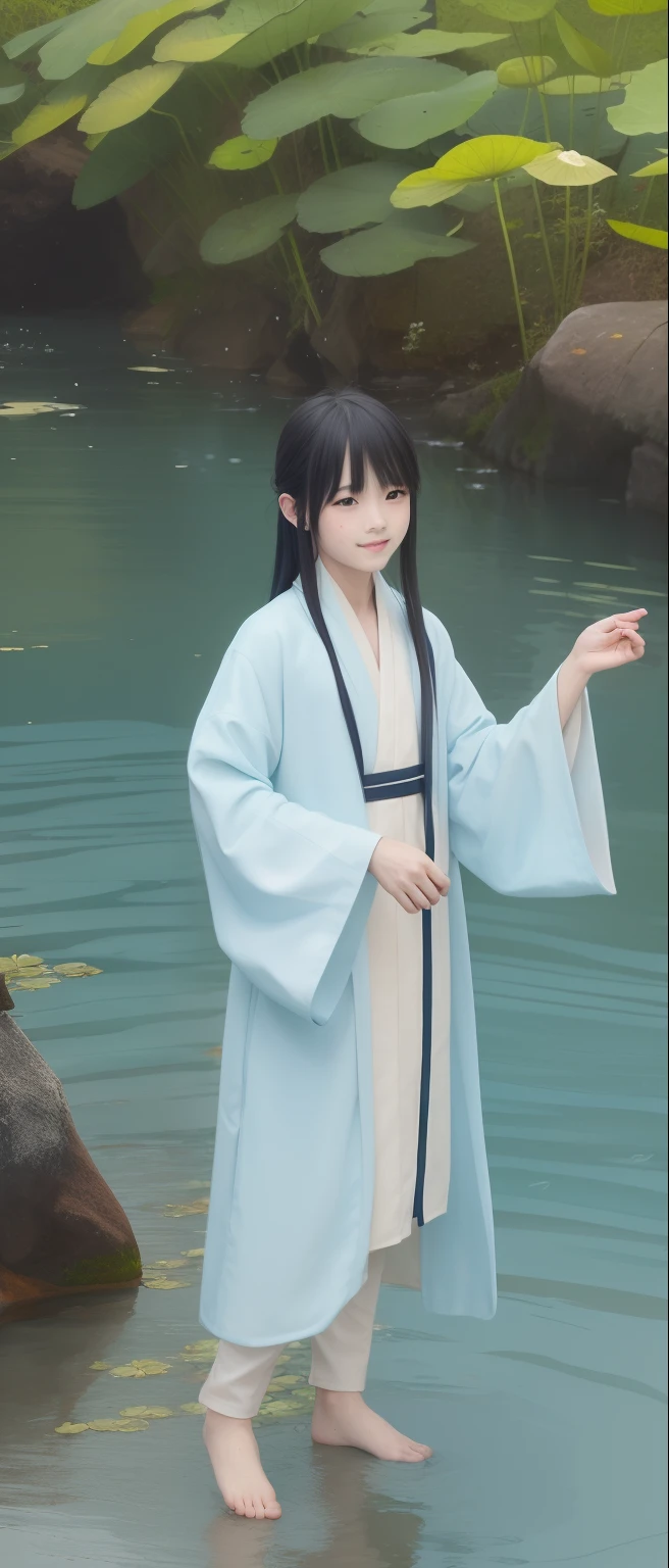 ((4k,masterpiece,best quality)), shuimobysim, Chinese painting, lotus, Hanfu, maxikit, conservatively dressed 1boy, solo, long blue hair, smiling, standing, feet in water, bare feet,