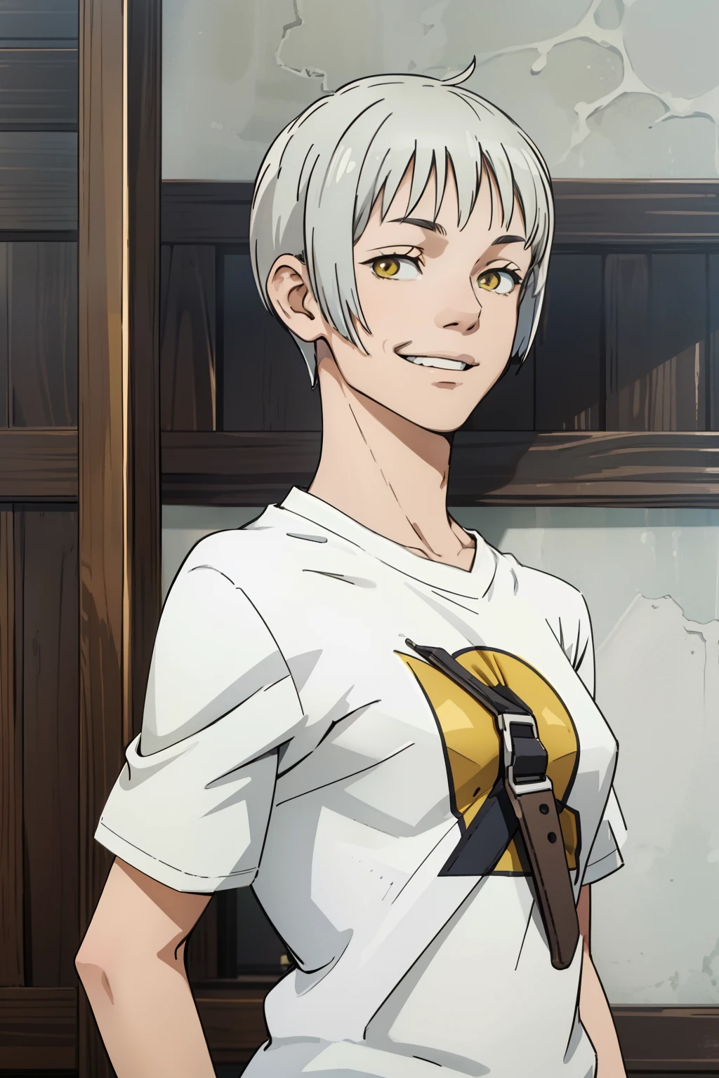 White and short, pixie cut hair, yellow eyes, smiling, boy, wearing tshirt