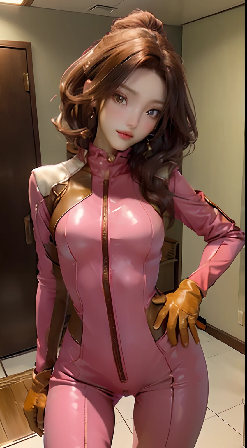 tmasterpiece,realisticlying,goodlooking,Beutiful women,brunette color hair,Golden eyes,The figure is good,tightsuit,leather clothes,Pink clothes,The action is enchanting,masterpiece,Whole body diagram。