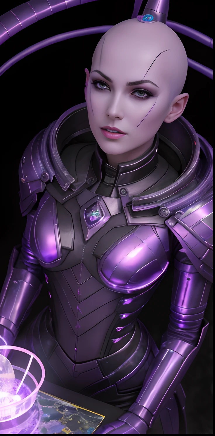 Close-up of a woman in a purple suit holding a glass, Purple armor, ultra detailed female android, female alien, lolth, trends in art station, painted in zbrush, sci-fi android female, sci-fi female, sleek purple armor, cgsociety - w 1 0 2 4 - n 8 - i, character art closeup